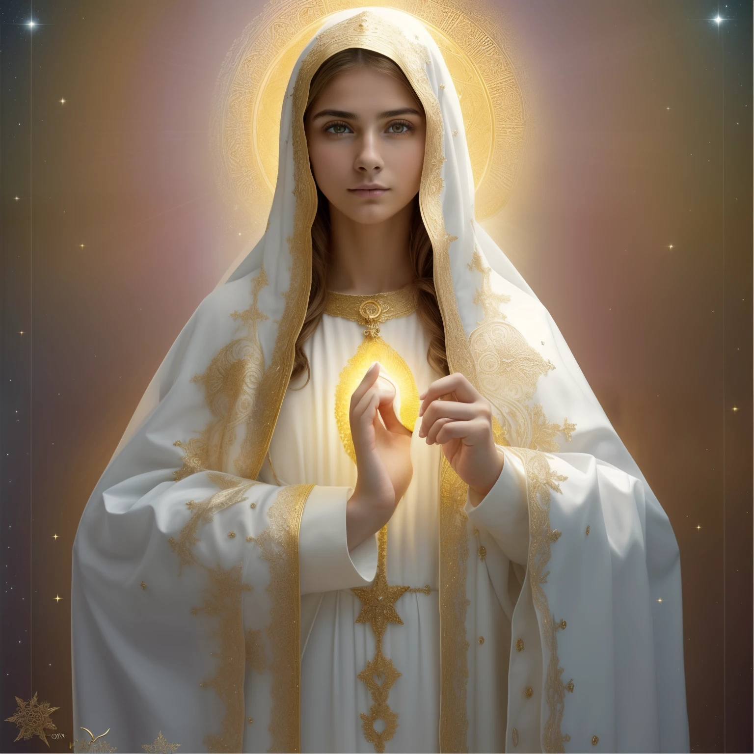 ((Blessed Virgin Mary. 19 years old))) ((( Con una cara seria y piadosa. Con una mirada dulce y tierna))) (obra maestra, calidad superior, mejor calidad, arte oficial, beautiful and aesthetic: 1.2), (1girl), extremadamente detallado, (Arte fractal: 1.3), colorido, highest detailed, Cara perfecta, parte superior del cuerpo, HDR, (orando: 1.3), (golden lines of white coat: 1.2), galaxia, (rayas de luz), eye-catching visuals, (dynamic stripes, senderos luminosos: 1.2), colores vibrantes,
