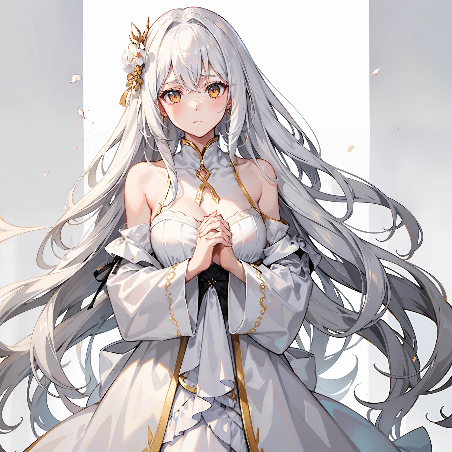 Long silvery-white hair scattered,Golden eyes,disdainful expression,Hold your hands to your chest,white off shoulder dress clothes