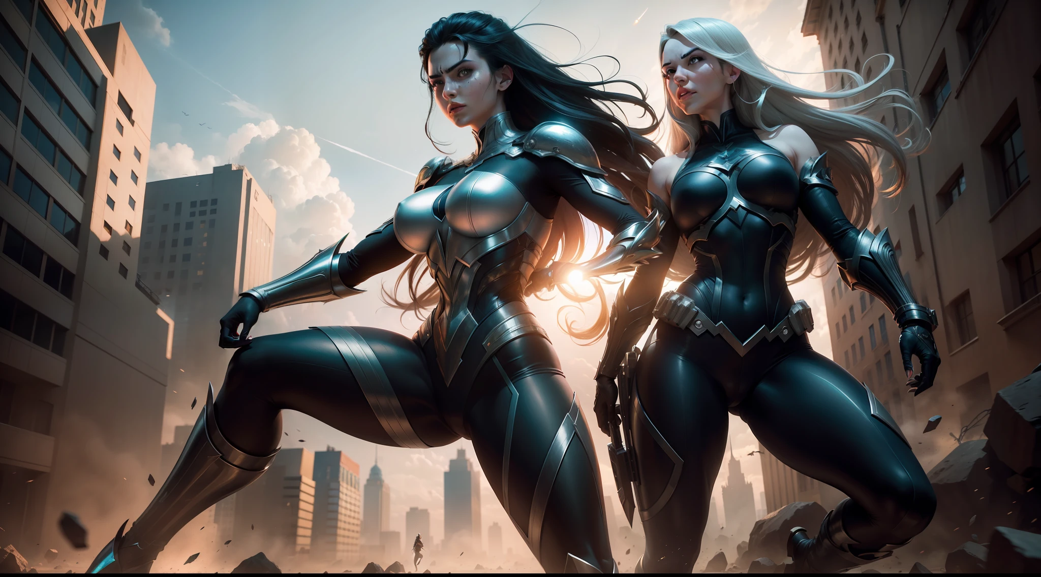 A beautiful and powerful heroine is fighting with a super villain in a big and fancy city, action scene, superpowers, full body shot, daylight, high definition, Ultra Quality, 8k, masterpiece, intricate details, volumetric light, dynamic compositing