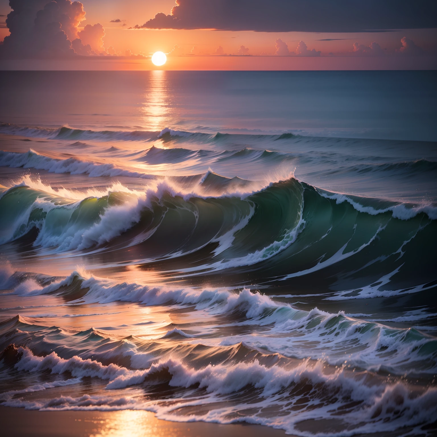 the sunset，evening light，Burning clouds，the ocean，Rochas，view from long distance，wave，plethora of colors