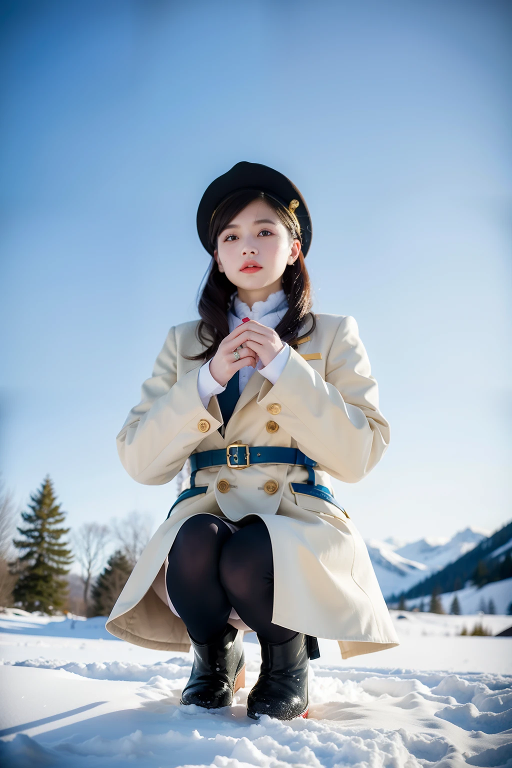 最好质量，tmasterpiece，超高分辨率，real photograph。
A young girl, dressed in a white Russian imperial outfit with a short skirted white suit, adorned with golden buttons and a matching hat, stands in the snow. Her legs are covered in silk stockings and she wears snow boots. She holds a rifle in her hands and is gracefully kneeling on one knee while shooting in the snowy landscape. The scene is inspired by the photography of Nadya C. and features a cool color temperature, emphasizing the snowy environment. The lighting is soft, with gentle shadows creating a sense of depth. The image is captured with a Nikon D850 camera, using an aperture of f/2.8, ISO 400, and a shutter speed of 1/250 sec. The composition highlights the contrast between the girl's elegant attire and the ruggedness of the snowy terrain.