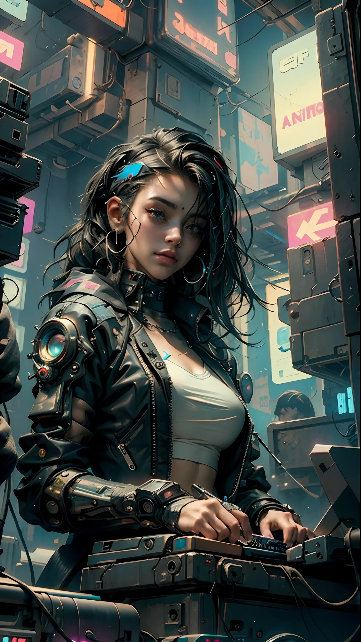 ((Best quality)), ((masterpiece)), (highly detailed:1.3), 3D, beautiful (cyberpunk:1.3) hacker woman with thick voluminous hair operating a computer terminal