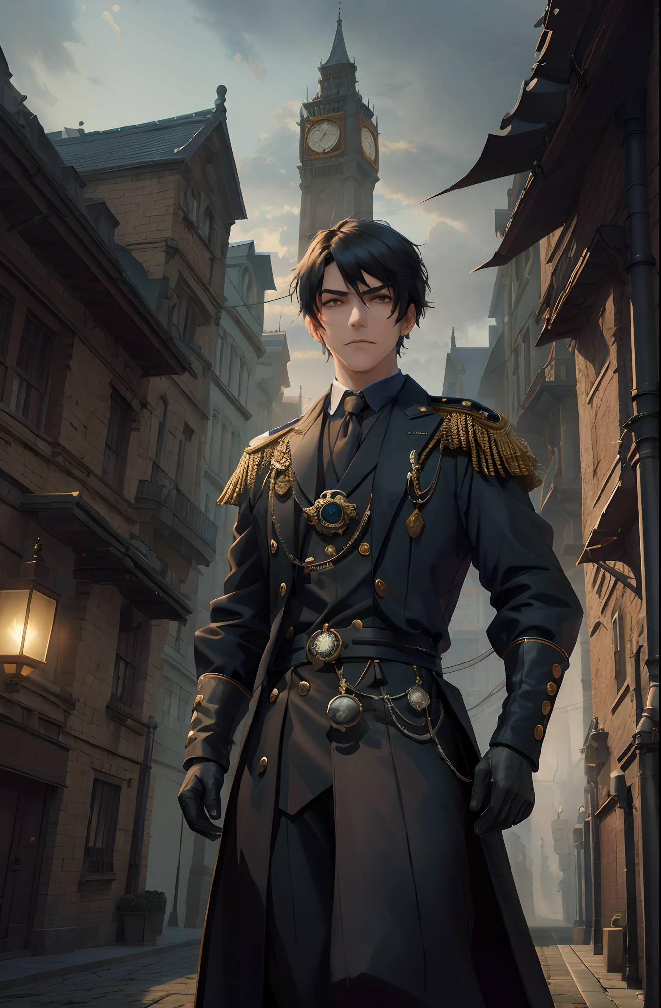 There is a man in military uniform standing in a street, Arte no estilo de Guweiz, Beautiful androgynous prince, 2. 5 d cgi anime fantasia arte, delicate androgynous prince, epic exquisite character art, por Yang J, arte de personagem impressionante, arte oficial do personagem, arte detalhada do personagem de anime, Amazing 8K character concept art