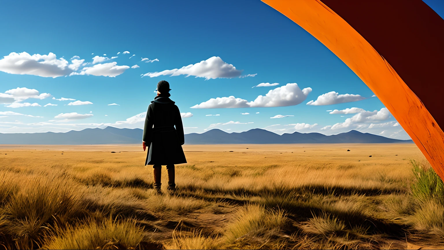 "Dynamic steppe,In the distance stood a two-dimensional boy with a unique style"