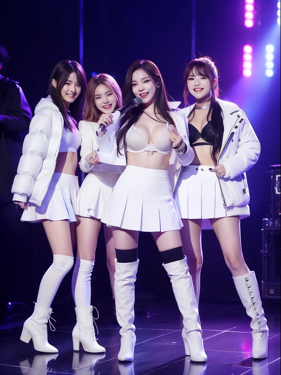 Five-member K-pop idol group、Female sexy、A smile、White jacket、White bra、White mini skirt、White knee high boots、On stage