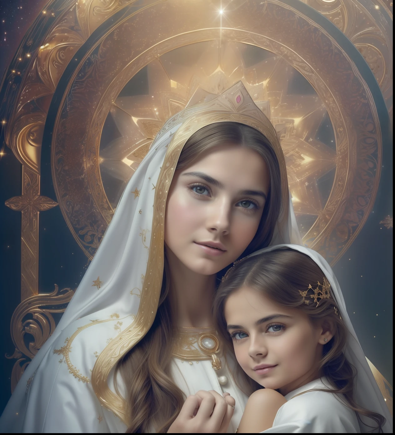 ((Blessed Virgin Mary. 19 years old))) ((( Con una cara seria y piadosa. Con una mirada dulce y tierna))) (obra maestra, calidad superior, mejor calidad, arte oficial, beautiful and aesthetic: 1.2), (1girl), extremadamente detallado, (Arte fractal: 1.3), colorido, highest detailed, Cara perfecta, parte superior del cuerpo, HDR, (orando: 1.3), (golden lines of white coat: 1.2), galaxia, (rayas de luz), eye-catching visuals, (dynamic stripes, senderos luminosos: 1.2), colores vibrantes,