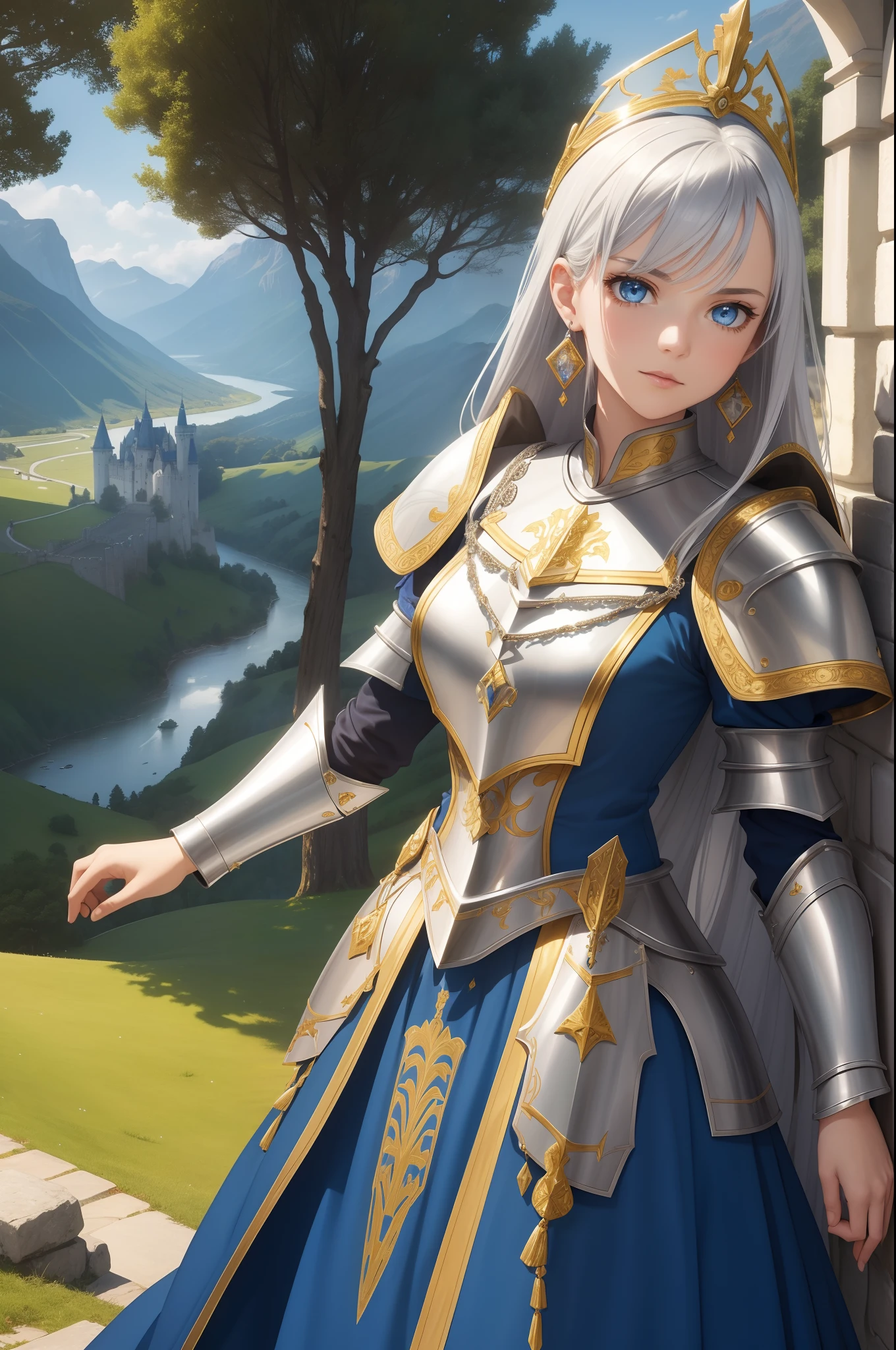 (masterpiece:1.4, best quality:1.4),(real material),ray tracing,

(solo,1girl:1.3),(knight),(princess),
leaning on wall,
white hair,short hair,crossed bangs,(blue eyes, slit pupils:1.2),
hubrael,
(silver armor:1.5),(yellow mantle with gold ornaments:1.2),white lace-trimmed kneehighs,
white dress with gold decoration,
sapphire ring,blue neck ribbon,Gemological ornaments,delicate gold metal decorations,earrings

Exquisite cloth,
Noble, elegant, royal, expensive, rich, exquisite,relaxed,
detailed background,
outdoors,Stone pillars, grass, trees, boulders,hilltop,Valley,Stand on top of a hill, river,Castle in the distance,A distant town,bridge,,
reflection, style, fantasy, fantasy,Middle Ages, Romanticism, honor, freedom, courage, wisdom, beauty,