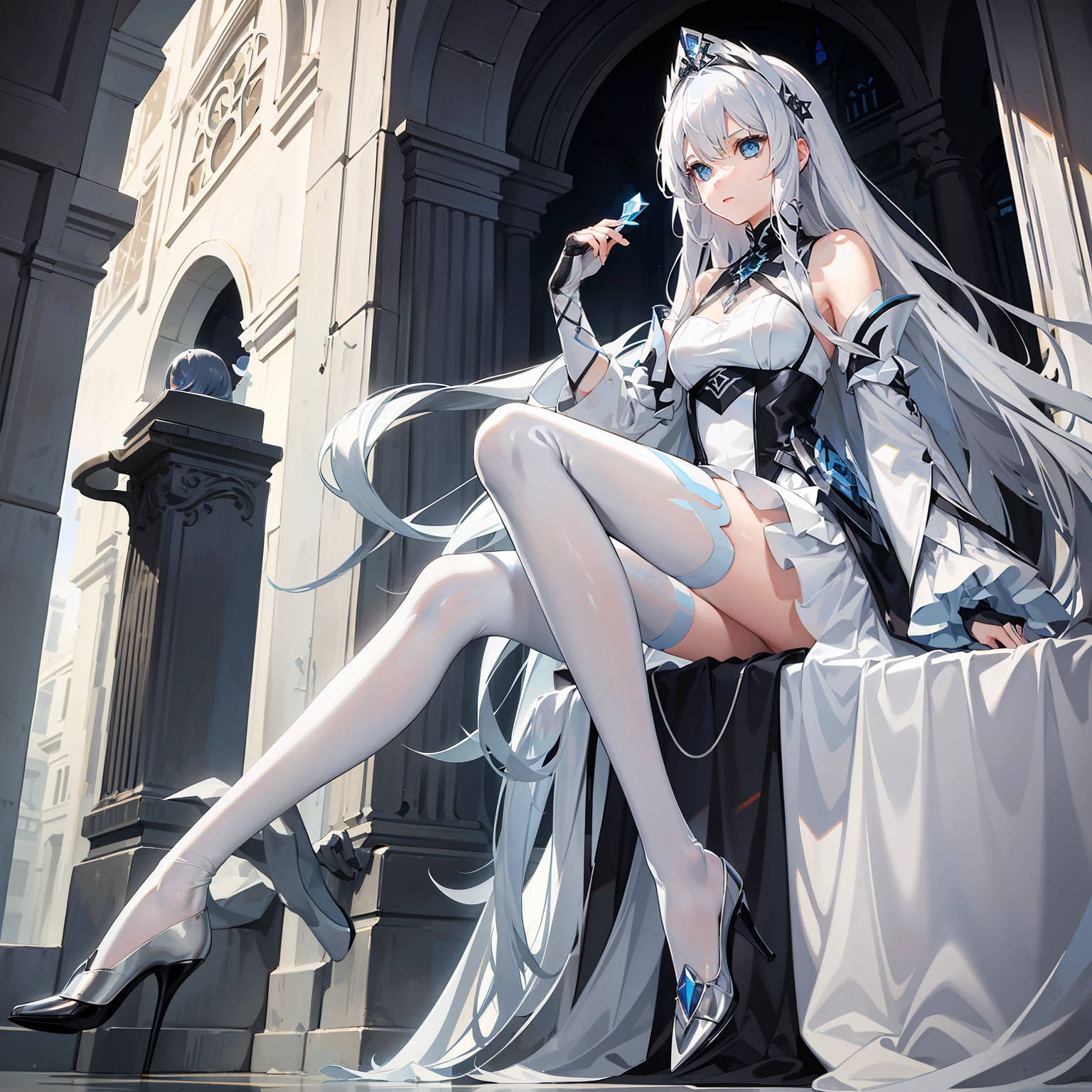 A long silver-white hair,Girl with crystal blue eyes,She wore a tights that looked like a combat suit,Places such as wrists and knees are hard-looking armor,There is a white cat hair card stuck in his hair,A long dark black knife,A silver-white great sword holds a delicate hand,k hd
