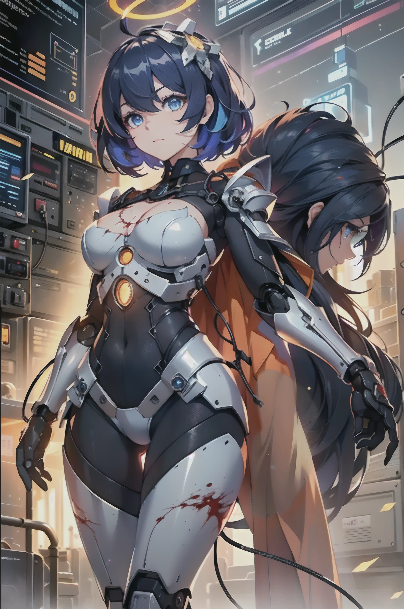 Light particles, Halo, (Bio-luminescence:0.95), Bio-luminescence, Harsh glare, vibrant, (((Colourful))), Color, (Glowing, Glow), reflective light, Depth of field, From behind, multiple views, Exquisite, (((Masterpiece))), ((Best quality)), ((Ultra-detailed)), (CG illustration), Science fiction, Apocalypse, Glow, (full subject:1.1),Anime girl in red cape