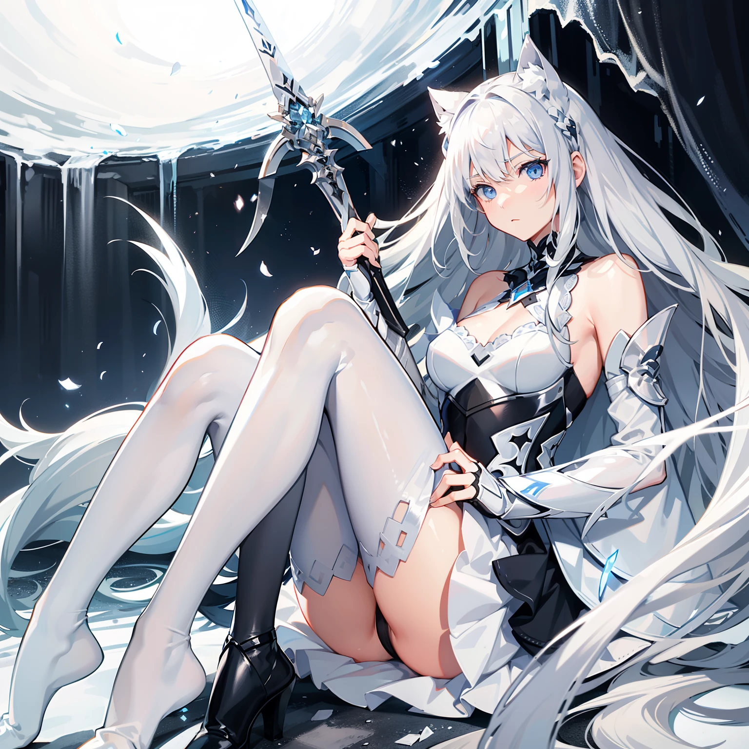 A long silver-white hair，Girl with crystal blue eyes，She wore a tights that looked like a combat suit，Places such as wrists and knees are hard-looking armor，There is a white cat hair card stuck in his hair，A long dark black knife，A silver-white great sword holds a delicate hand，k hd