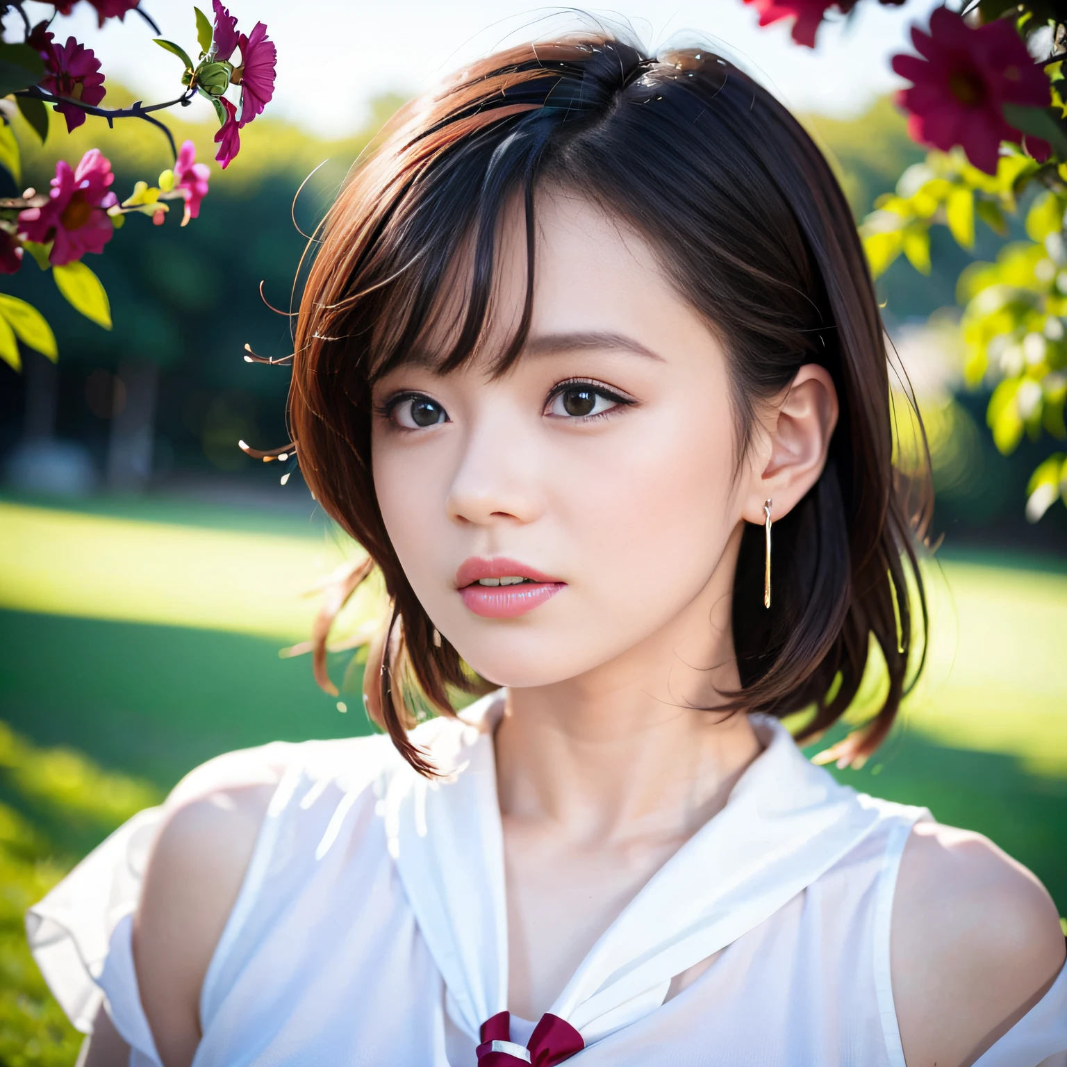 Artistic authentic photos, 8K, raw, High quality, 超A high resolution, Beautiful woman attractive pin-up, (Solo Focus), Like Akina Nakamori, 25 years old, (Close-up of her detailed face:1.2), (Side view:1.4), Natural light illuminates her face, natural pale skin, glistning skin, Perfectly set short hair, Loving Jewelry Eyes, Eye lashes, make - up, Pure eyes, Attractive wet lips, Curled bangs, earrings, (neckerchief:1.3), beautiful neck, (broad shoulder, Glamorous), (fatty:1.2), Smiling, Tears of joy are flowing, Tears fall on the face, BREAK, Wearing a white round-necked shirt, Sleeved shirt, Embarrassing, Innocent look, Tears shining in pure eyes, (Beautiful flowers around her:1.4), Innocent and charming atmosphere