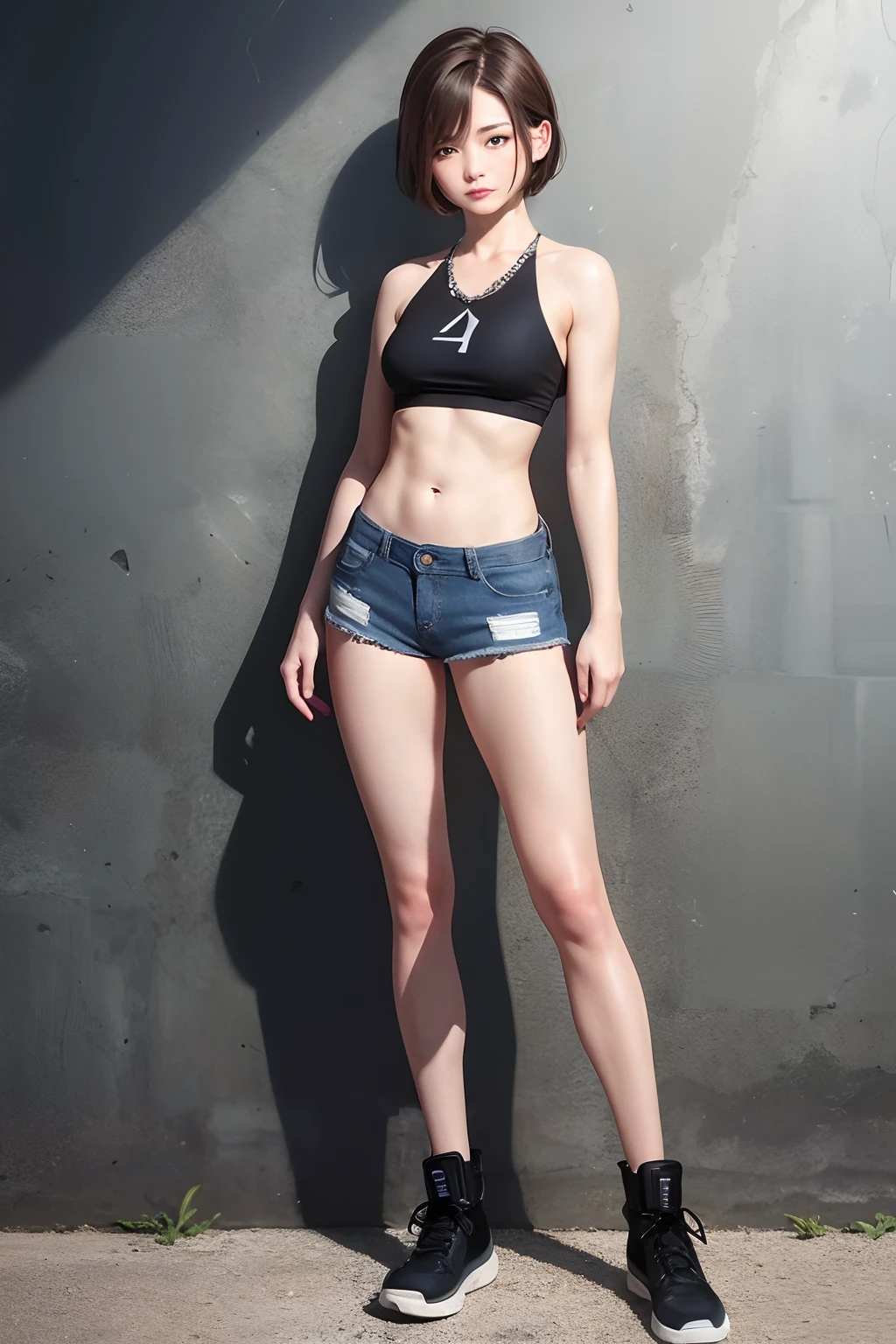 （（middlebreast，Tomboyish，small heads）），sunlights，rays of sunshine，（Well-defined abs：1.1），（perfect bodies：1.1），（Short wave hair：1.2），auburn hair，neckwear，chain，Full body photo，crowding street，wearing a black tank top，jean jacket，（（Lower body naked）），（极其细致的CG 8k壁纸），（Extremely refined and beautiful），（tmasterpiece），（best qualtiy：1.0），（超A high resolution：1.0），beautiful light up，perfect lightning bolt，realistic shaded，[A high resolution]，Delicate skin，ultra - detailed，Blushlush，Loving eyes
