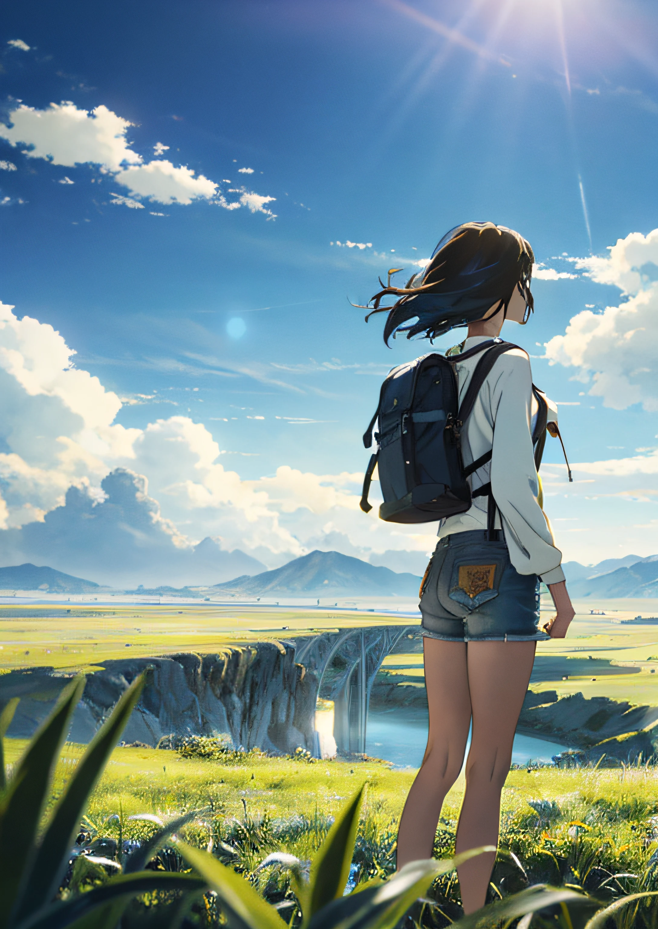 The vast sky, beautiful skyline, large grasslands, extremely tense and dramatic pictures, moving visual effects, the high-hanging Polaris, and colorful natural light. A long-sleeved top, denim shorts, and a girl with a backpack.