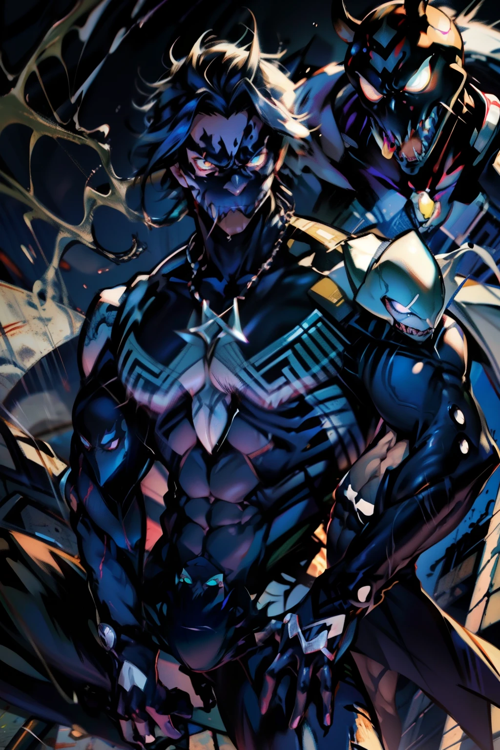 《the original god》Arataki Kazuto , male people, chest muscle, Sexy , Venom symbiote for your body, Black mucus of the body , into venom, venomize,Black bodysuit,(Cloak),Red cape,Abs,(Adult male)((Venom possession,venom symbiote)),over-Tortoise Man,Battle damage,((Masterpiece)), ((Best quality)), Ultra detailed,((illustration)), Dynamic Angle, Detailed light, (Delicate eyes), Floating, 1boy, Male focus, Head, Clothing, Yellow eyes, necklace, tattoo, (Forehead:0.8), (ahoge:0.8), jewelry, brunette color hair,apathy,Ray, chest muscle, Sexy , Venom symbiote for your body, Black mucus of the body , (into venom), Venom,frontage,Bust photo,White tight-fitting top,spiderman outfit,style of anime4 K, 4K anime wallpaper, Badass anime 8 K, 4 k comic wallpaper, young anime man, Anime boys, Anime wallpapers 4 k, Anime wallpaper 4K, High quality anime art style, Anime moe art style, Anime art wallpaper 8 K, Anime art wallpaper 4 K, RGB lighting,