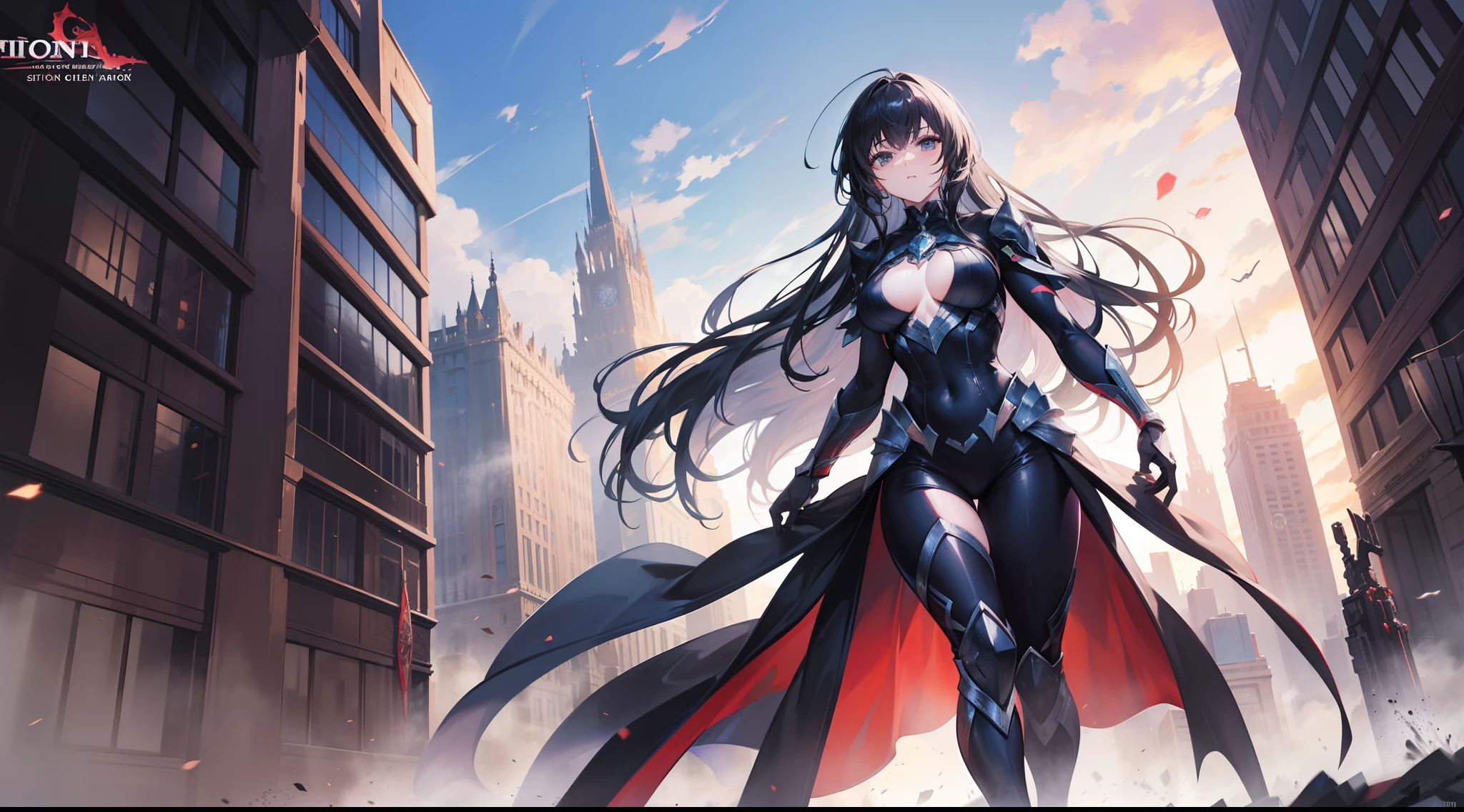 A beautiful and powerful heroine is fighting with a super villain in a big and fancy city, action scene, superpowers, full body shot, daylight, high definition, Ultra Quality, 8k, masterpiece, intricate details, volumetric light, dynamic compositing