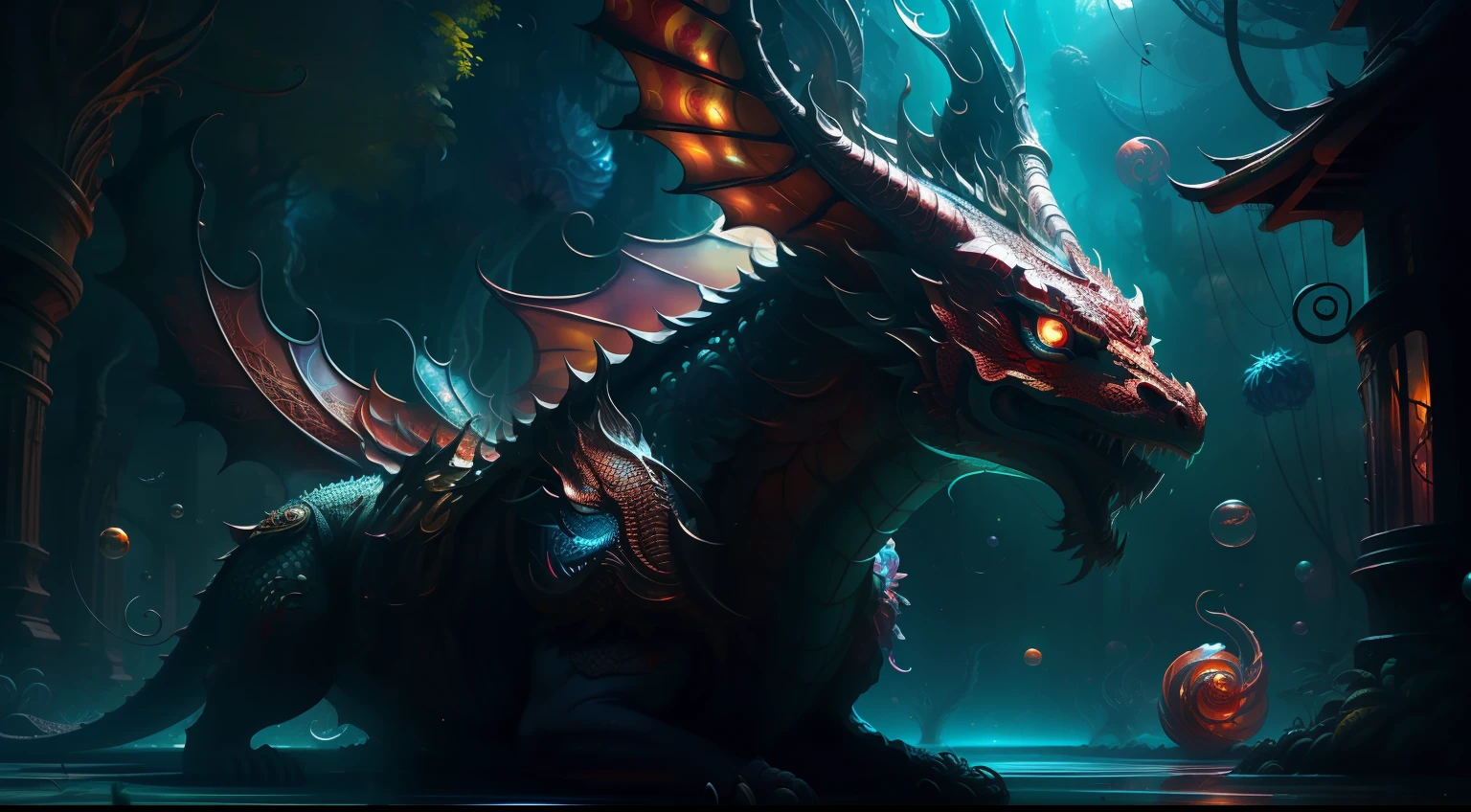 Best quality, masterpiece, super high resolution, no human, an adult red dragon in a futuristic cyberpunk garden, enchanting, high detail, (red dragon scales), (breathing fire), (red wings), looking at camera, long tail, masterpiece (realistic texture: 1.2), (realistic details: 1.2), (realistic details: 1.2), ([front | side]:1.1), HDR, ultra-refined 3D modeling, as magical as the style paintings painted by Tim Burton, Dale Chihuly, Xiaolongcheng, Cyril Rolando and other authors such as Jr. Gigue. Shadows and lighting intertwine to create brilliant effects.
