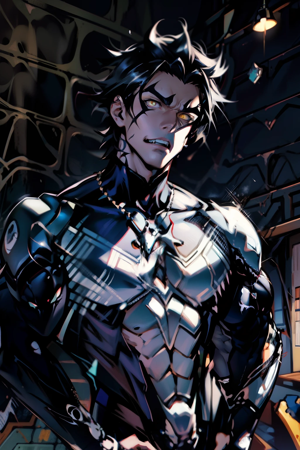 《the original god》Arataki Kazuto , male people, chest muscle, Sexy , Venom symbiote for your body, Black mucus of the body , into venom, venomize,Black bodysuit,(Cloak),Red cape,Abs,(Adult male)((Venom possession,venom symbiote)),over-Tortoise Man,Battle damage,((Masterpiece)), ((Best quality)), Ultra detailed,((illustration)), Dynamic Angle, Detailed light, (Delicate eyes), Floating, 1boy, Male focus, Head, Clothing, Yellow eyes, necklace, tattoo, (Forehead:0.8), (ahoge:0.8), jewelry, brunette color hair,apathy,Ray, chest muscle, Sexy , Venom symbiote for your body, Black mucus of the body , (into venom), Venom,frontage,Bust photo,White tight-fitting top,spiderman outfit,style of anime4 K, 4K anime wallpaper, Badass anime 8 K, 4 k comic wallpaper, young anime man, Anime boys, Anime wallpapers 4 k, Anime wallpaper 4K, High quality anime art style, Anime moe art style, Anime art wallpaper 8 K, Anime art wallpaper 4 K, RGB lighting,