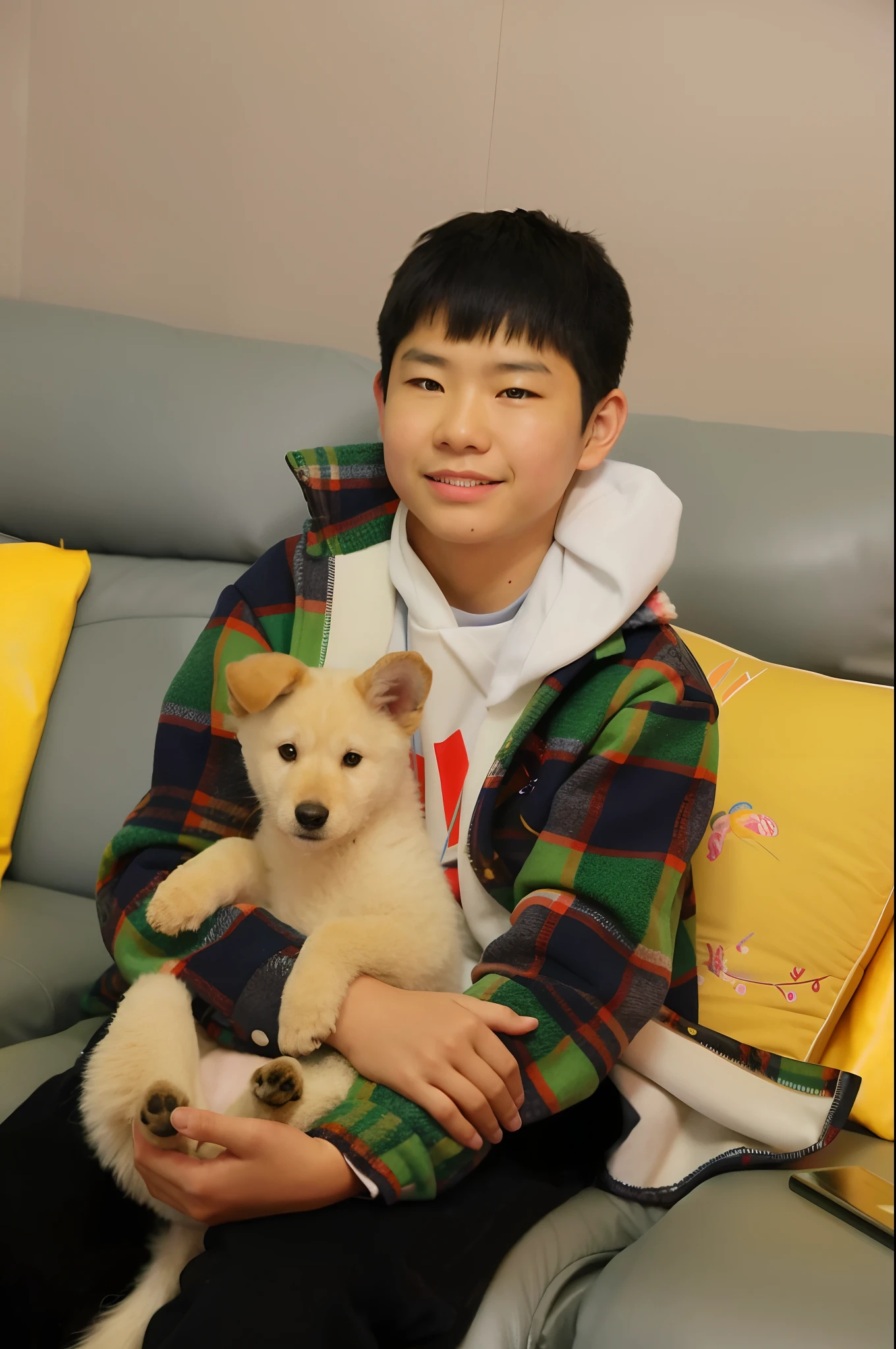 The boy sits on the sofa,Holding a puppy in his arms, hsiao-ron, shibu inu, hong june hyung, Kim Teddy was shot with the Canon EOS 5 D,