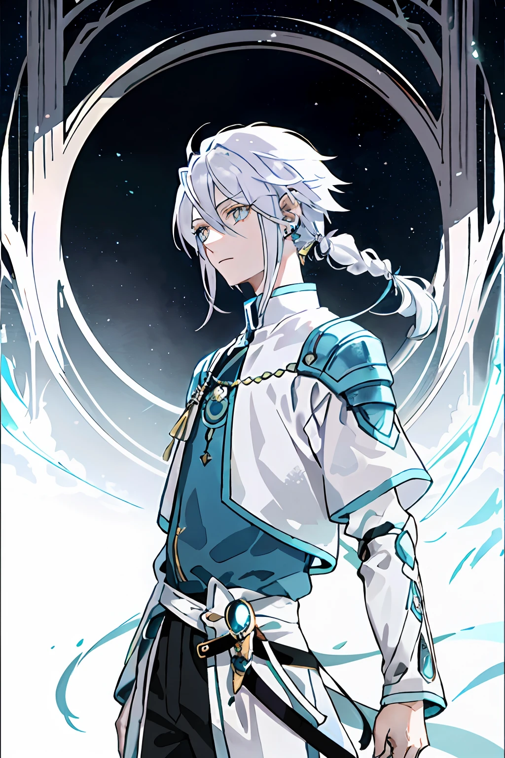 The boy with white hair、Silence stared into the distance、mystical ambiance,The tip of the hair is lilac,Golden eyes,With a sword,Hair and shoulder length,There are earrings on one ear