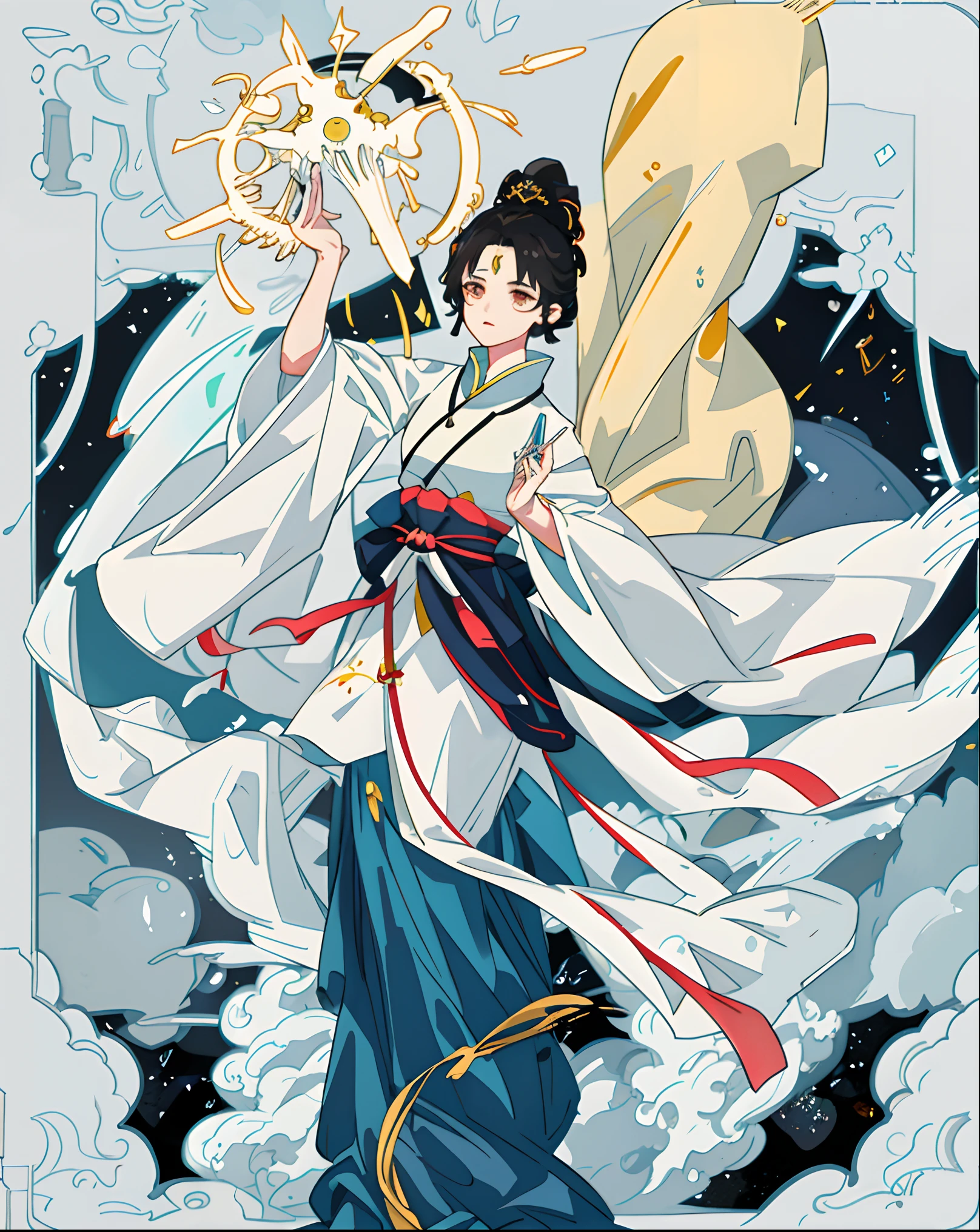 A boy with, with short white hair,Ancient Chinese clothing,Taoist culture,Auspicious cloud pattern, Holding a long flag,full bodyesbian, rays of sunshine, Clear face, Clean white background, tmasterpiece, super detailing, Epic composition, hyper HD, high qulity, extremely detaile, offcial art, Uniform 8k wallpaper, super detailing, 32k