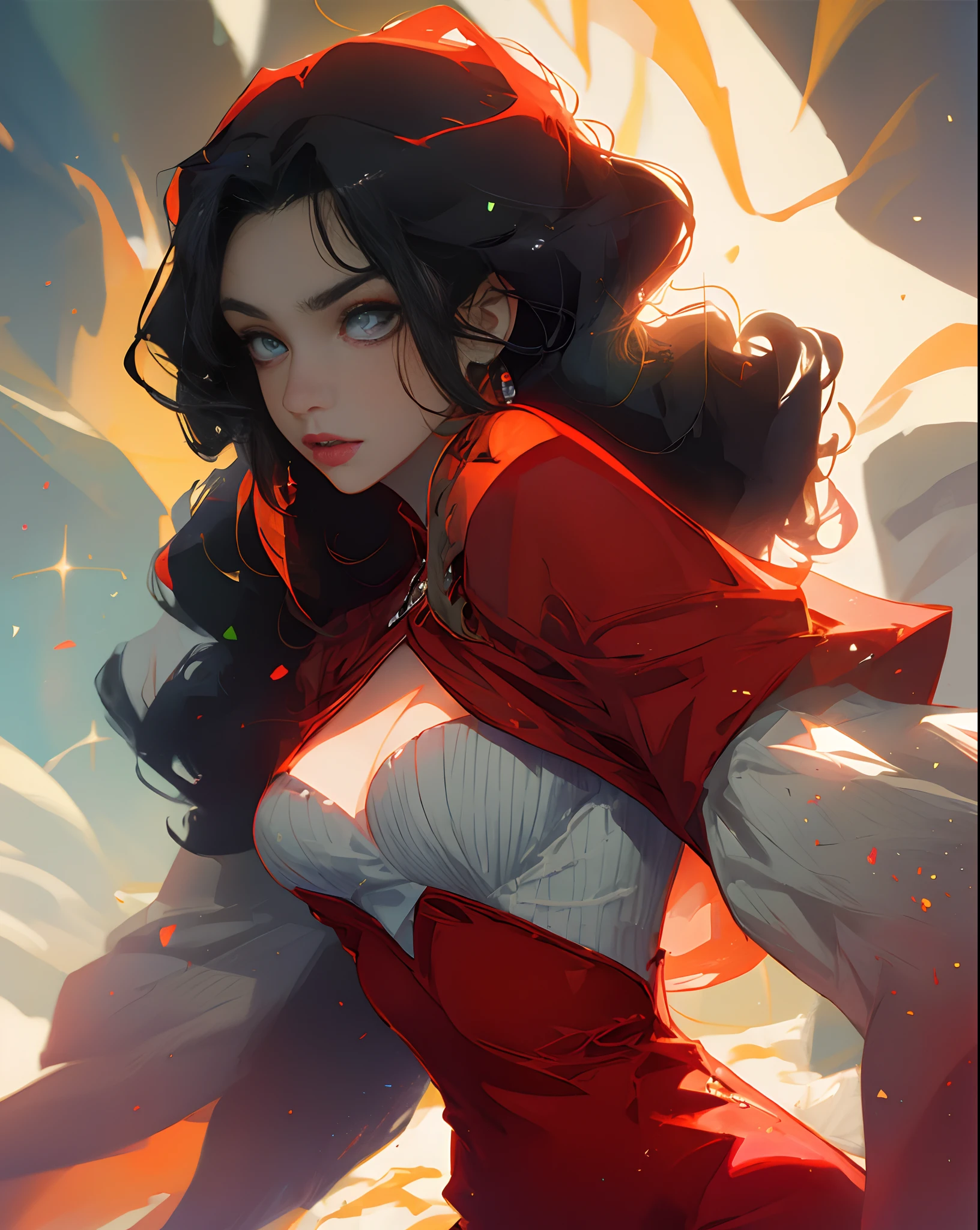 Sexy hot red dress,Big curly-haired woman with long hair busty anime witch