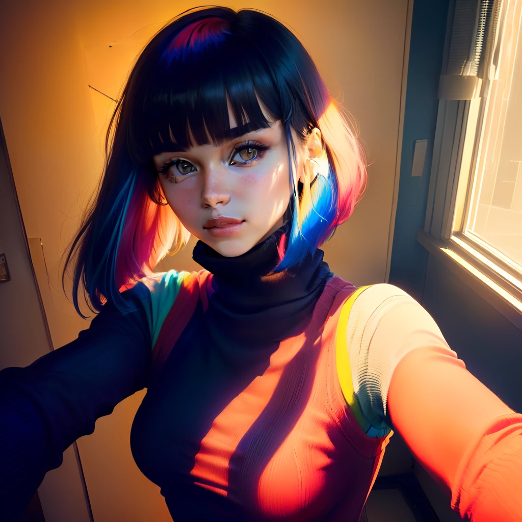(wear a turtleneck :1.3), a (selfie:1.2) of a 1girl, 22 yo, Skin luster, Rembrandt lighting, (primary colors hair, blunt bangs hair:1.36), evil photograph for passports, ID cards, (close to viewer, POV:1.1), small breasts, from above, dynamic light, day ...