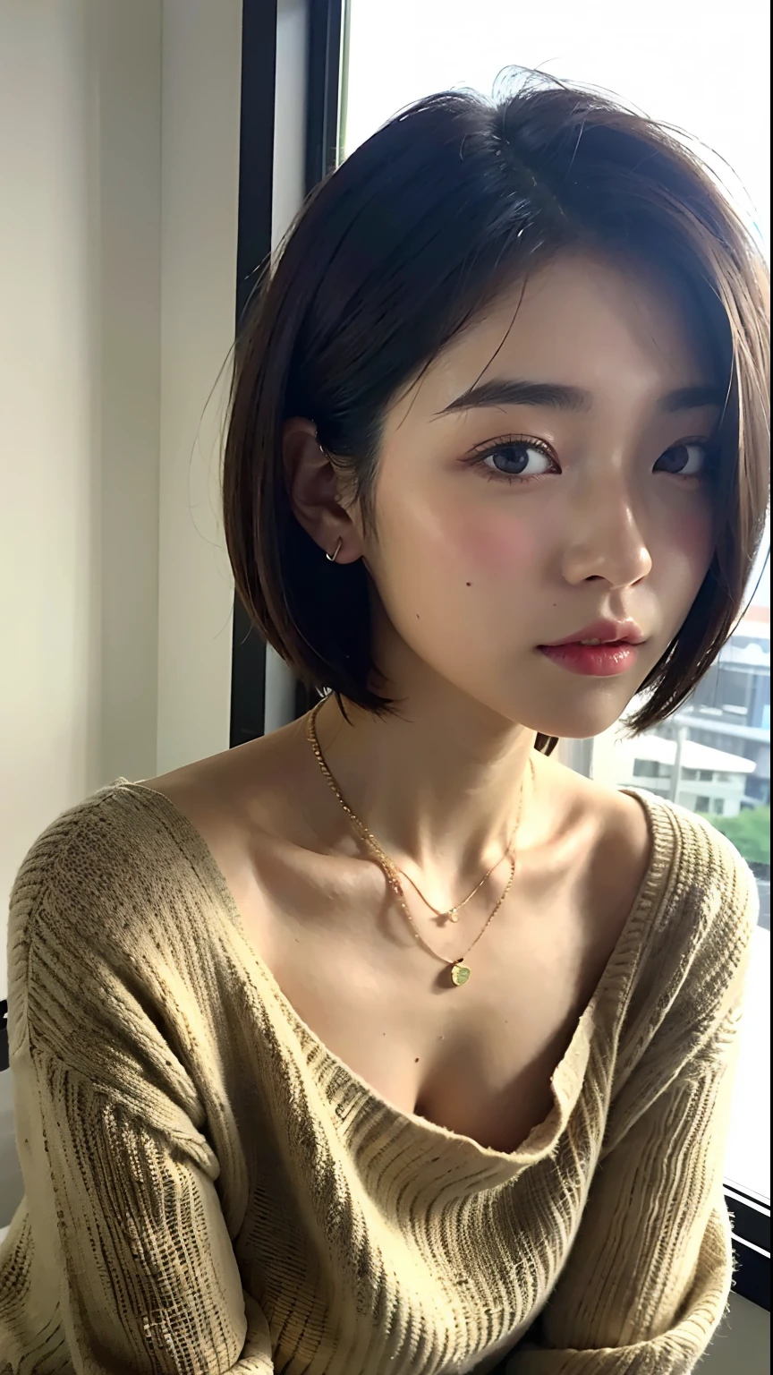 (Best Quality, 8k, 32k, Masterpiece, UHD: 1.2), photo beautiful japanese woman, room, very short Bob hair, upper body, facial focus, oversized_sweater, necklace, simple background, from above, looking at the viewer, nudity