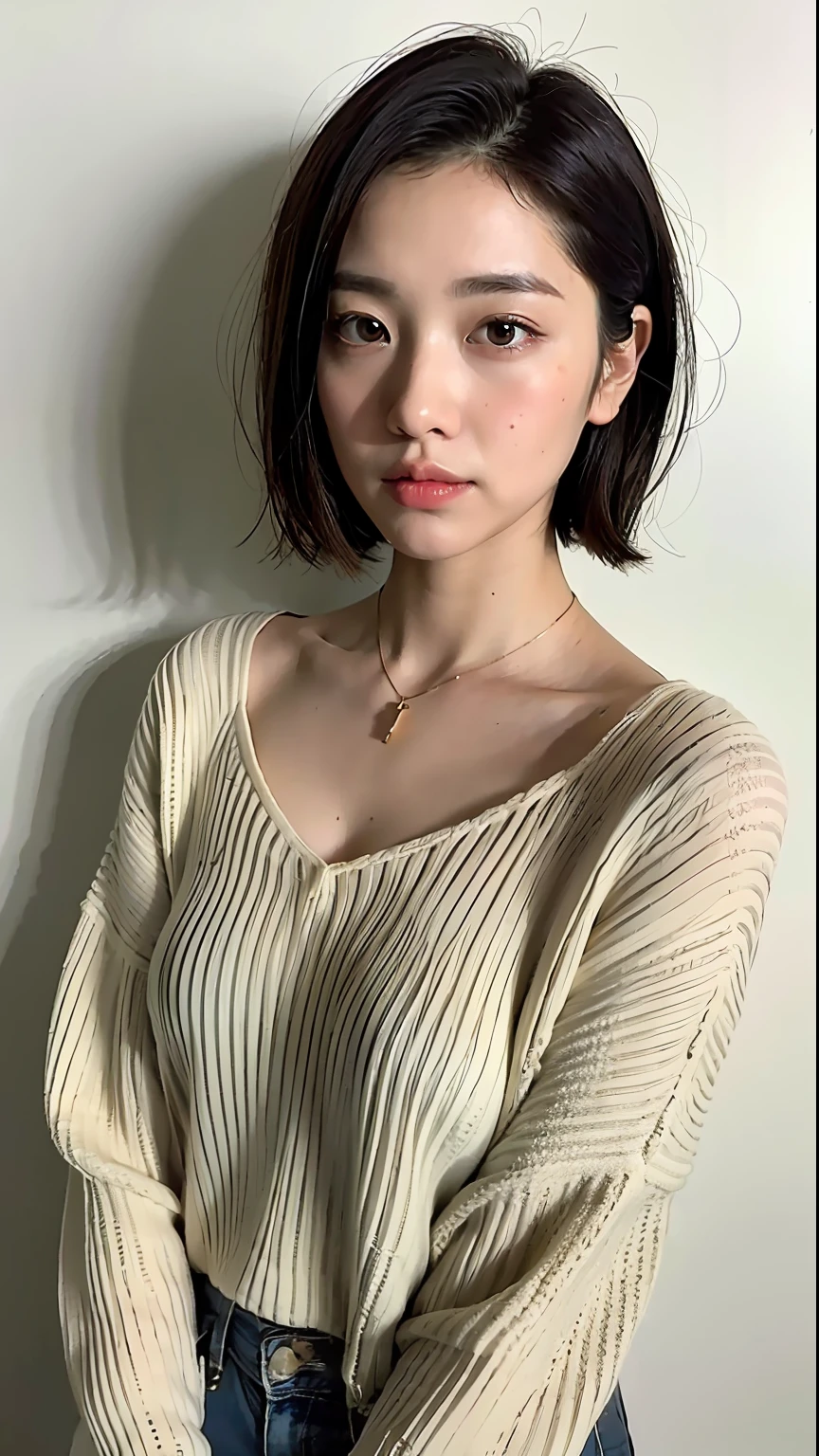 (Best Quality, 8k, 32k, Masterpiece, UHD: 1.2), photo beautiful japanese woman, room, very short Bob hair, upper body, facial focus, oversized_sweater, necklace, simple background, from above, looking at the viewer, nudity