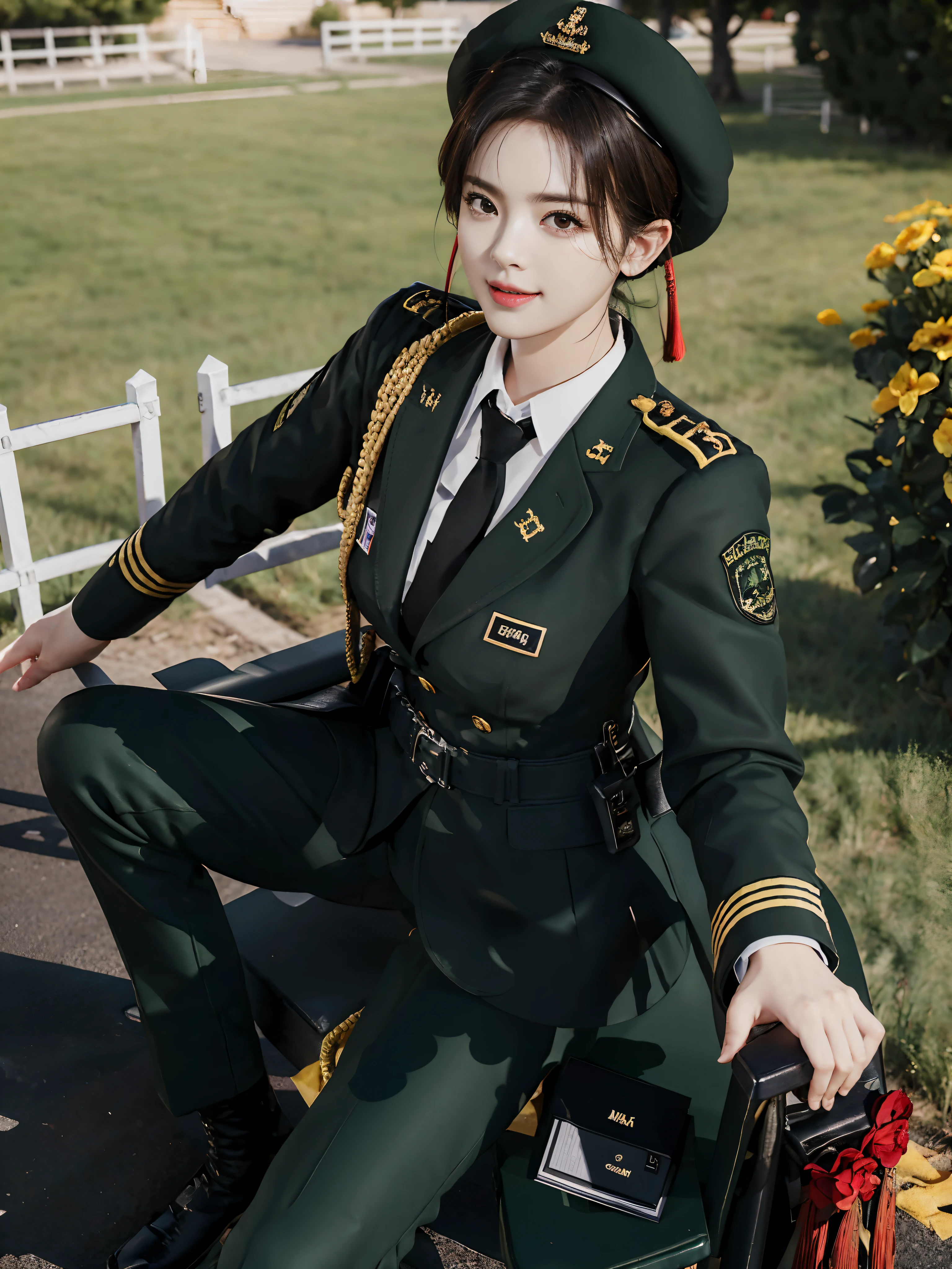 Usually detailed CG Unity 8K wallpaper，（tmasterpiece），（best qualtiy），（ultra - detailed），（Ultra photo realsisim），（best character detail：1.36），Nikon D750 f / 1.4 55mm，profesional lighting， physically-based renderingt, 1girll, Female soldier，army suit，Dark green military uniform，Fabric texture military uniform，Pure white lining，Dark green tie，bucket-hat，Bare legged，Black hair，the golden ratio,[:(com rosto detalhado:1.2):0.2]:，PureErosFace_V1, broad shoulder,(Bigchest:1.5),(big assa:1.5),Sit on grass，red flags，In the square，Splendid scenery，bright sun，RAW photogr，photore， Flag of China，Night Street，lighting，Contre-Jour，Bright smile，White teeth，