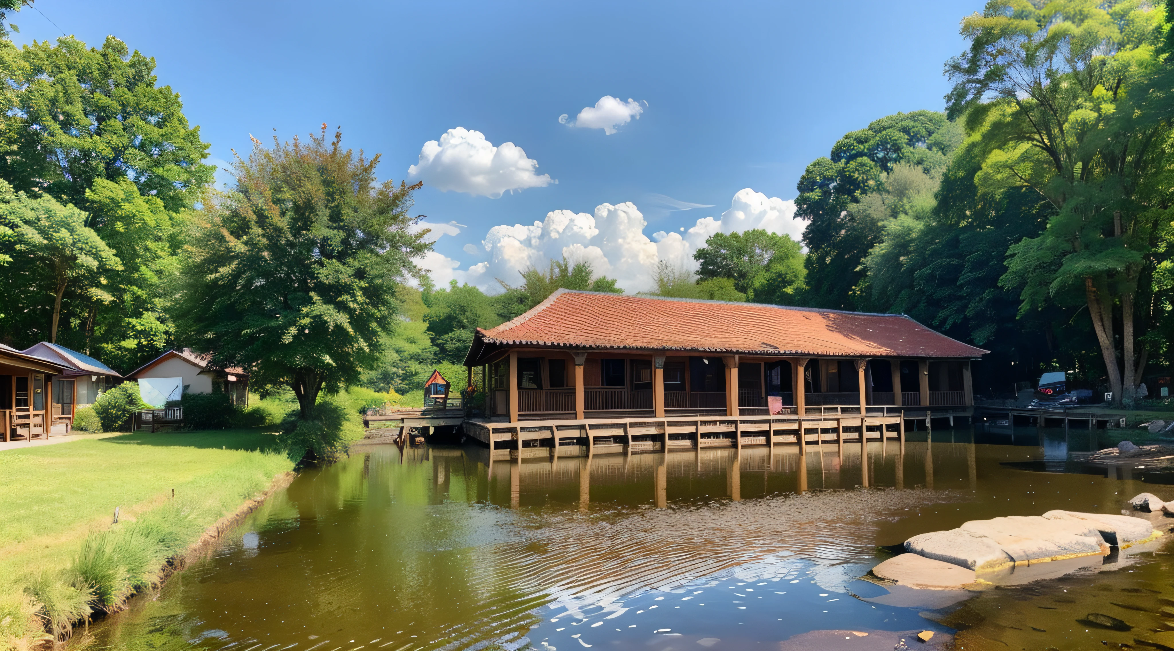 with blue sky and white clouds,Village village,Small riverside,the woods