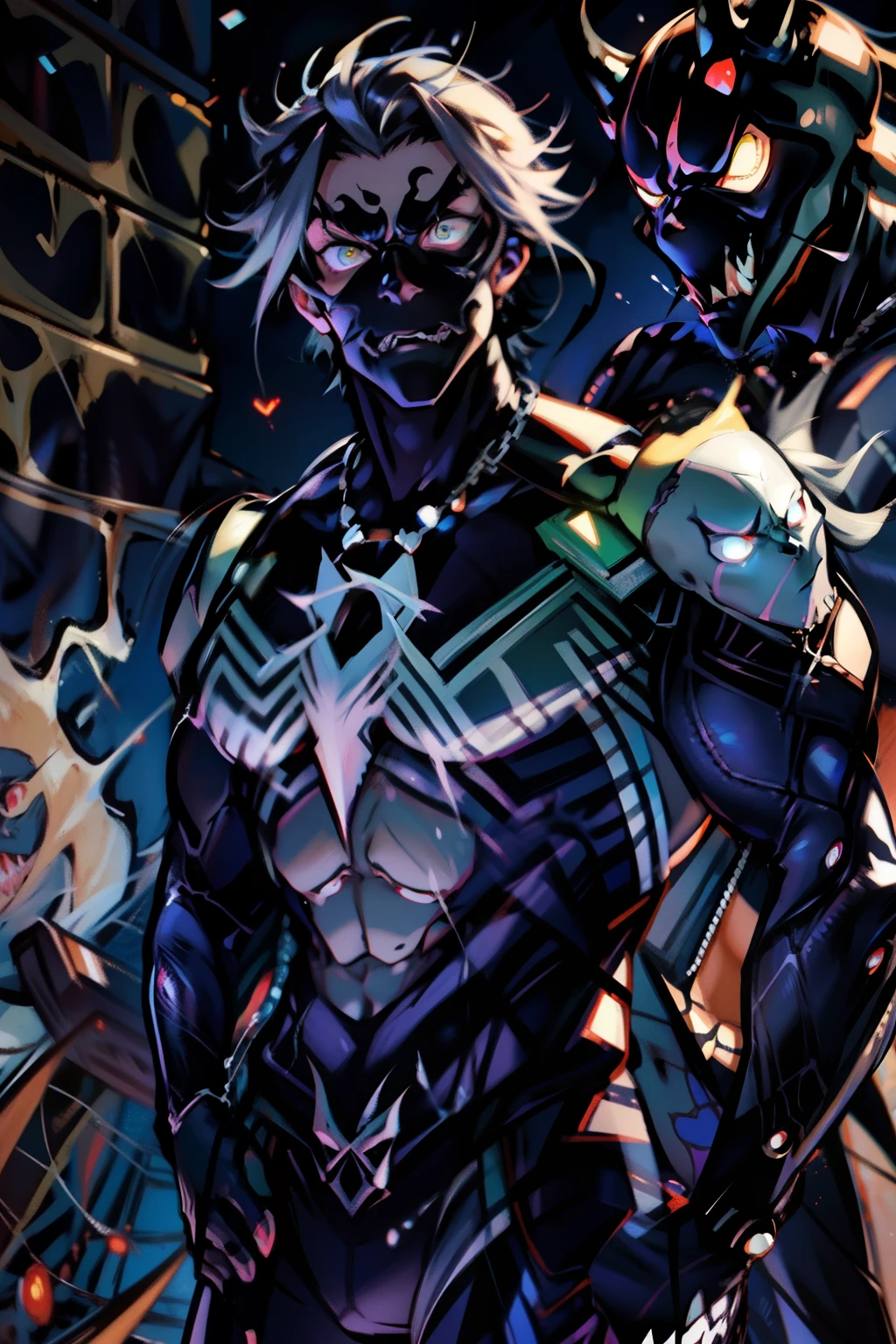 《the original god》Arataki Kazuto , male people, chest muscle, Sexy , Venom symbiote for your body, Black mucus of the body , into venom, venomize,Black bodysuit,(Cloak),Red cape,Abs,(Adult male)((Venom possession,venom symbiote)),over-Tortoise Man,Battle damage,((Masterpiece)), ((Best quality)), Ultra detailed,((illustration)), Dynamic Angle, Detailed light, (Delicate eyes), Floating, 1boy, Male focus, Head, Clothing, Yellow eyes, necklace, tattoo, (Forehead:0.8), (ahoge:0.8), jewelry, brunette color hair,apathy,Ray, chest muscle, Sexy , Venom symbiote for your body, Black mucus of the body , (into venom), Venom,frontage,Bust photo,White tight-fitting top,spiderman outfit,style of anime4 K, 4K anime wallpaper, Badass anime 8 K, 4 k comic wallpaper, young anime man, Anime boys, Anime wallpapers 4 k, Anime wallpaper 4K, High quality anime art style, Anime moe art style, Anime art wallpaper 8 K, Anime art wallpaper 4 K, RGB lighting,