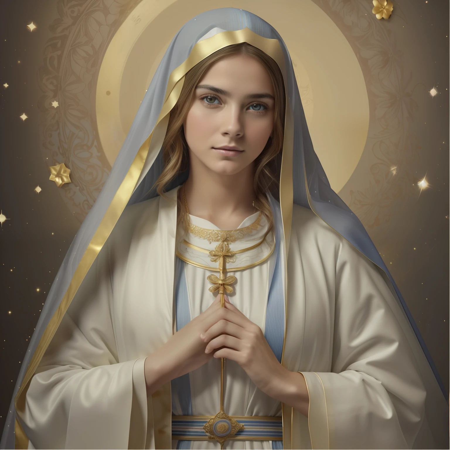 ((Blessed Virgin Mary. 19 years old))) ((( Con una cara seria y piadosa. Con una mirada dulce y tierna))) (obra maestra, calidad superior, mejor calidad, arte oficial, beautiful and aesthetic: 1.2), (1girl), extremadamente detallado, (Arte fractal: 1.3), colorido, highest detailed, Cara perfecta, parte superior del cuerpo, HDR, (orando: 1.3), (golden lines of white coat: 1.2), galaxia, (rayas de luz), eye-catching visuals, (dynamic stripes, senderos luminosos: 1.2), colores vibrantes,