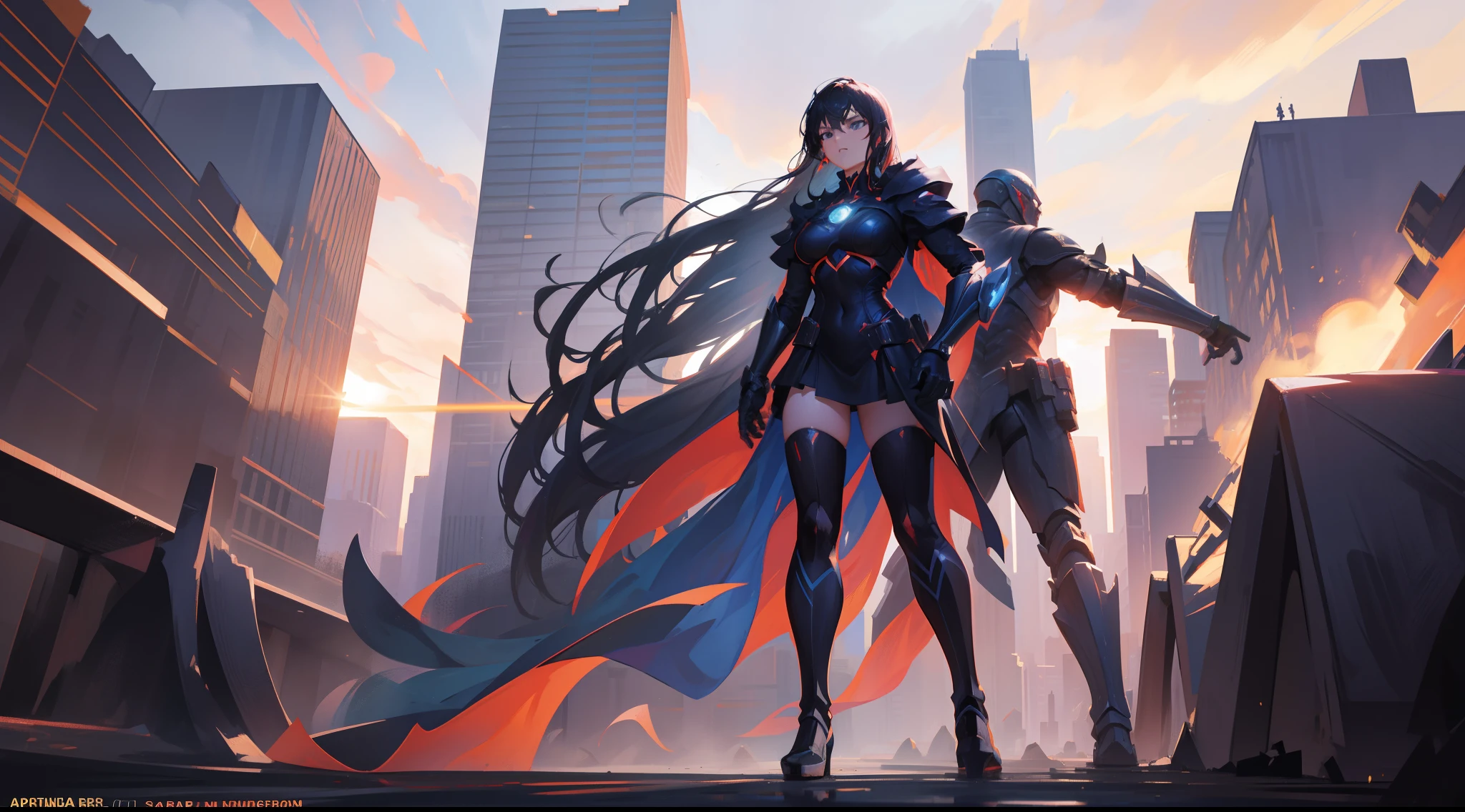 A beautiful and powerful heroine is fighting with a super villain in a big and fancy city, action scene, superpowers, full body shot, daylight, high definition, Ultra Quality, 8k, masterpiece, intricate details, volumetric light, dynamic compositing