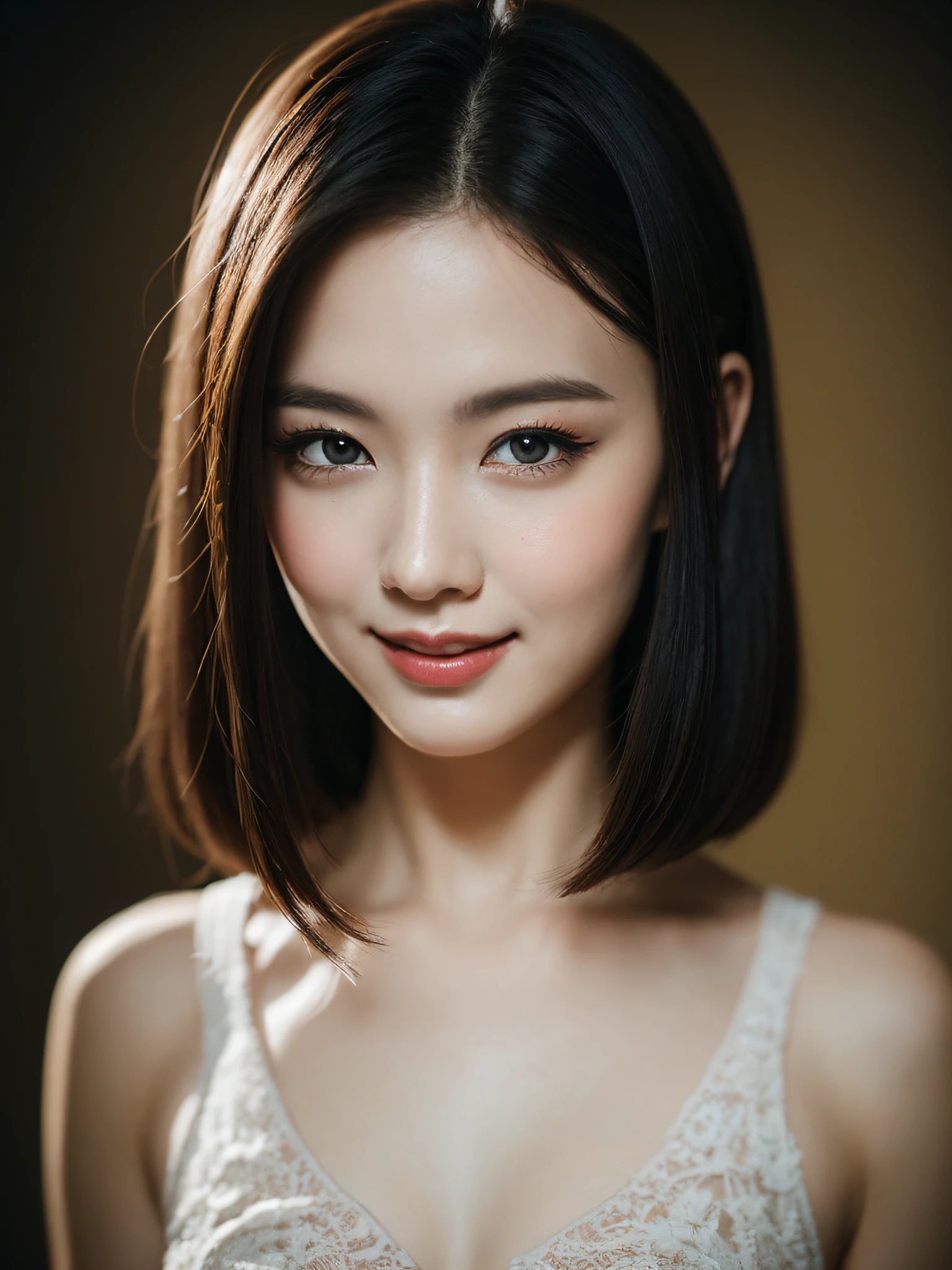 Masterpiece, Best quality, A high resolution,8K, Portrait,Erotic,Beautiful short black hair, Intricate, elegant, Highly detailed, Majestic, Digital photography,view the viewer,Smile,