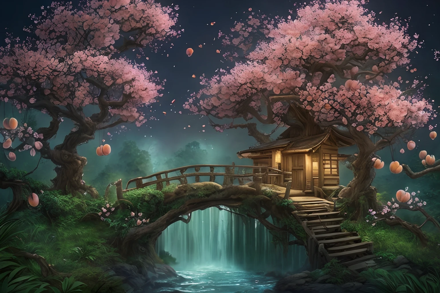 awardwinning, concept-art, fine art, epic fantasy digital art, bird's eyes view，Cinematic lighting,Downward view，super wide shot，Viewing angle from afar，depth of fields，The beauty of the fairytale forest，waterfallr，Quaint, Picturesque, Rustic, Lush big breasts, ((lawns;1.3)), ((Peach blossom tree:1.5)), Small rivers, ((Many tree houses)), ((The tree house is connected to the tree house by a wooden bridge)), ((Ivy is intricate)), Epic, ((Cinematic lighting)), High quality, High contrast, Realistic lighting,4K textures, photolab, hdr, ((iintricate)), elegant, Highly detailed, Sharp focus, insanely details, Intricate details, ultra - detailed, Harsh movie light, Outdoor atmosphere,tmasterpiece，best qualtiy，（Very detailed CG unity 8K wallpaper），（best qualtiy），（Most Best Illustration），（Best shadow），glowing sprites，Natural elements in the forest theme。Mysterious Forest，Beautiful forest，naturey，surrounded by flower，Delicate leaves and branches are surrounded by fireflies（nature elements），（Jungle theme），（Foliage），（tree branch），（Particle effect）wait。3D ，  Ray traching，