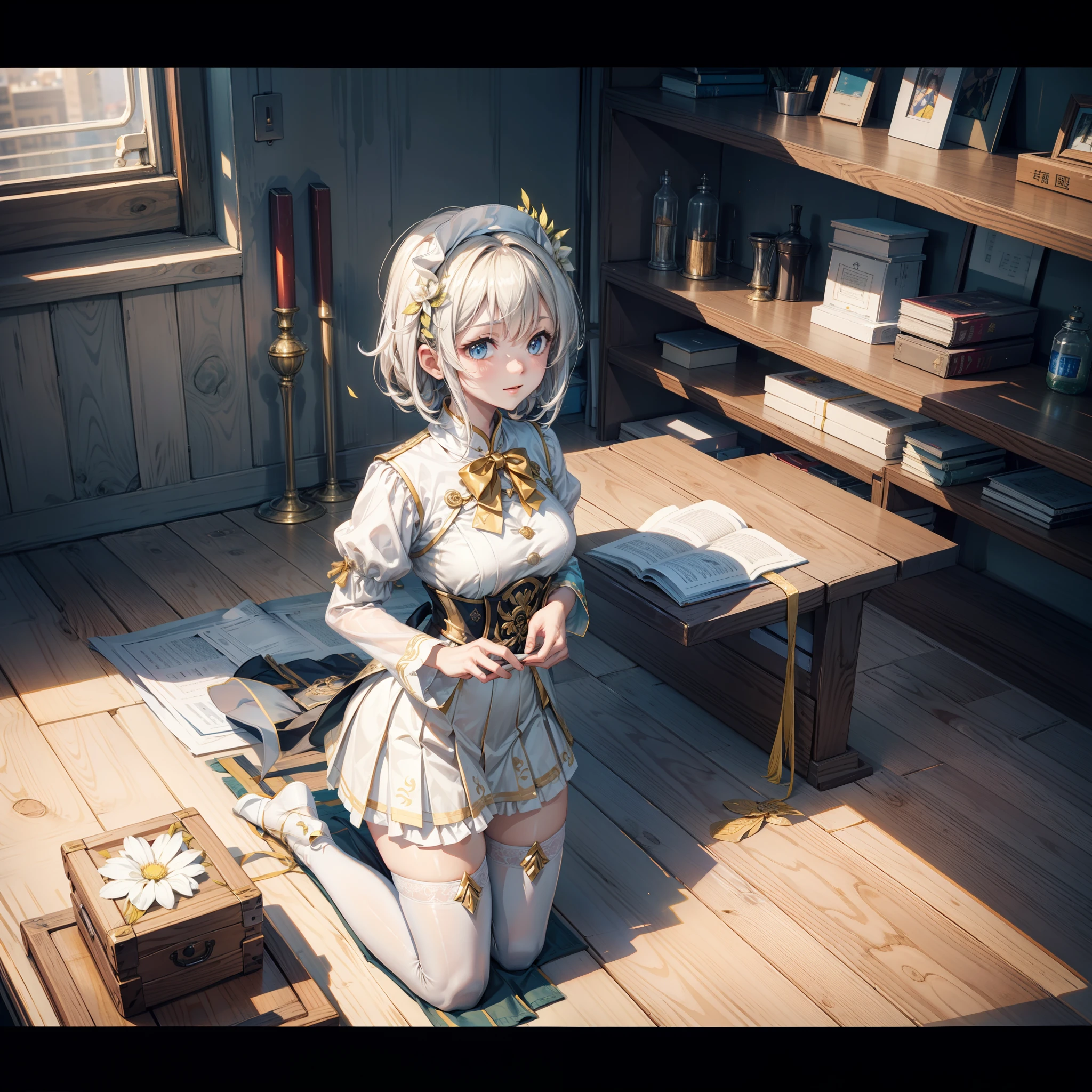 (8K,best qualtiy,tmasterpiece:1.2),(realisticlying,realisticlying:1.2),ultra - detailed,best qualtiy,超高分辨率,profesional lighting,photon maping,Radio City,physically-based renderingt,maidennurse,Wallpapers,Ray traching,(锁链:1.8),rays of sunshine:1.5,There is a gold pattern on the skirt,(white stockings:1.2)((Kneeling pose))