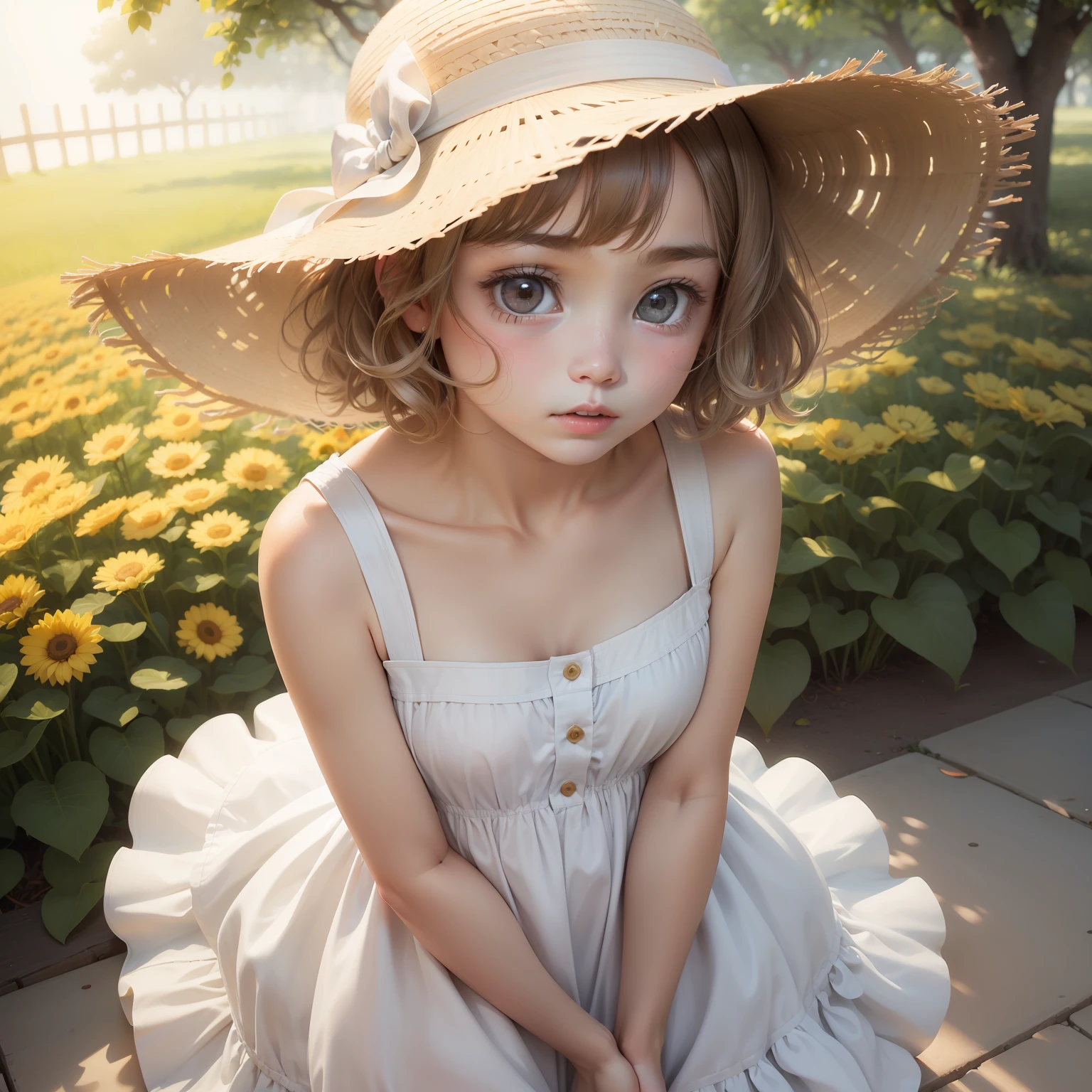 Ad girls，Hair has short hair, air bangs, fluffy hair，wearing a cute white dress，Wearing a straw hat，The expression is innocent and cute，rays of sunshine，Big eyes