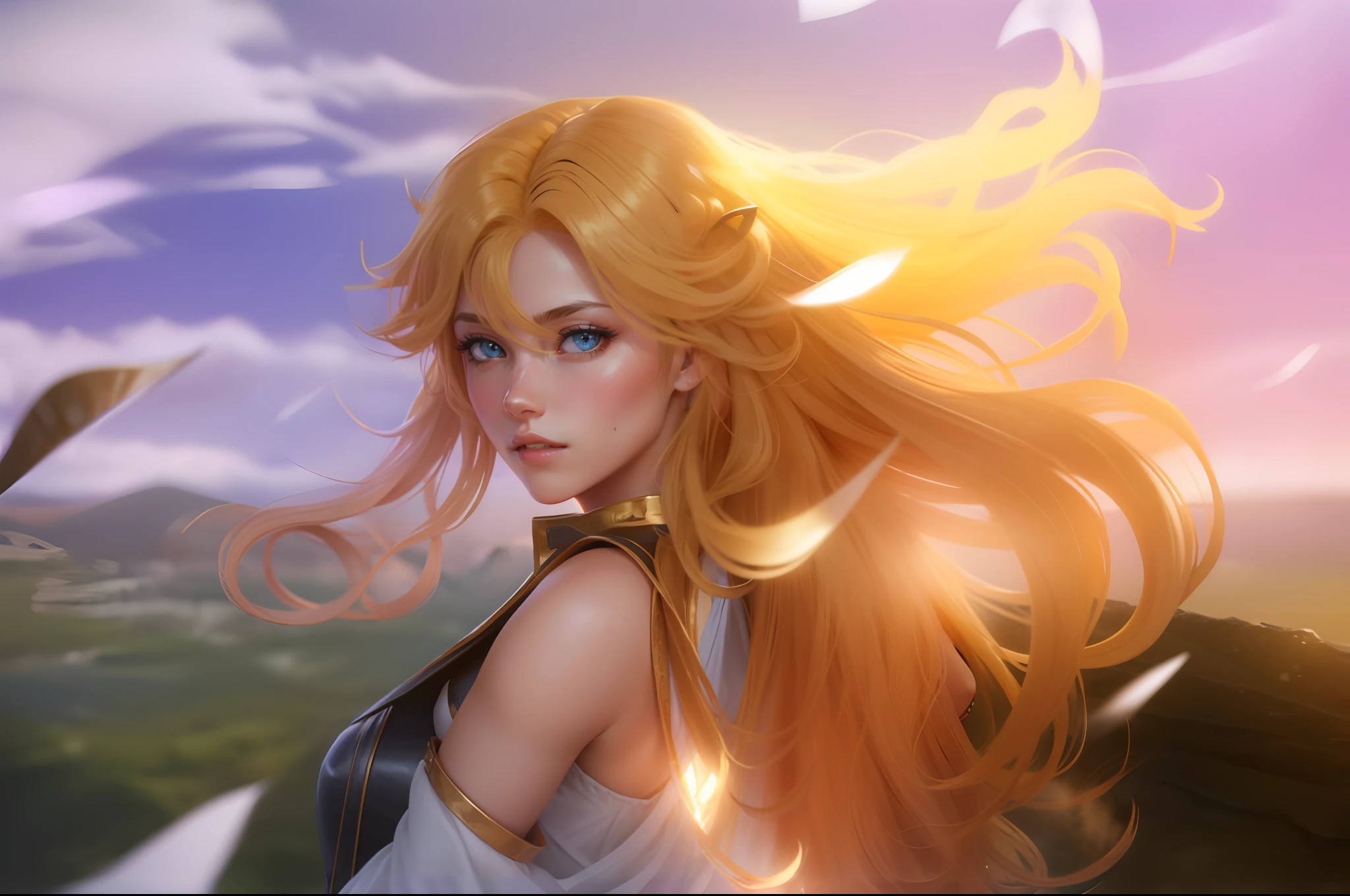 Anime female characters，Best Female Anime Character，Full body portrait of anime female，From the abyss，Annihilated Leisha，Depict the full body figure，Black tight leather jacket，curly blond hair，Long curly blonde hair，The length of hair to the calf，Frontal portrait，Sunlight on the edge of the cliff，Realistic background style，HD scenery，Standing above the abyss of reality，View of the town in the distance，There are various European style houses in the town，The wind ruffled the curly blonde hair，Black leather riding boots，Super long hoe type sword-type weapon，Curved sickle weapon，Large, Thick shiny blonde curls，Blue eyes are determined and positive，Black leather cape，blue color eyes，Absolutely beautiful adult female