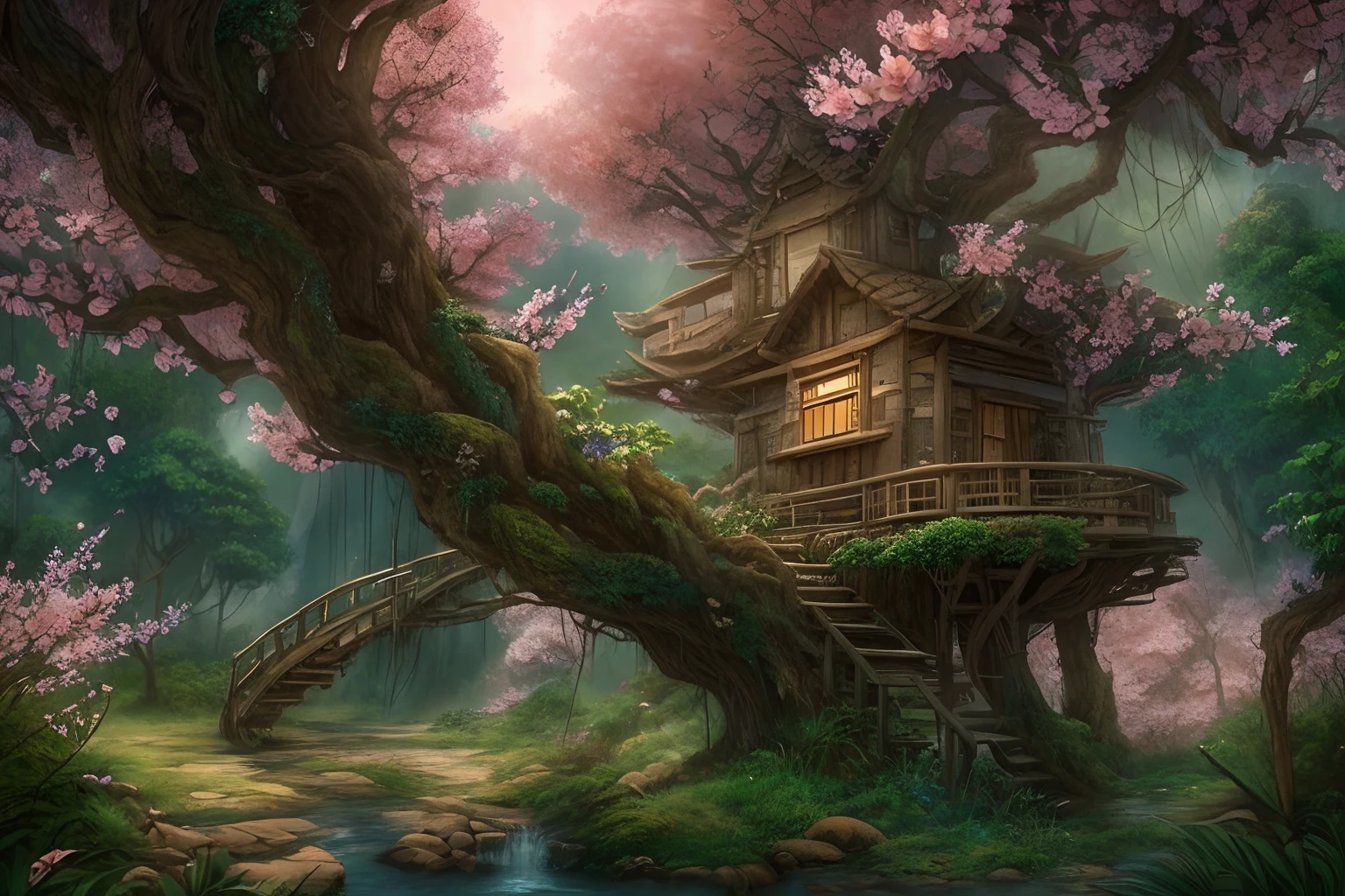 awardwinning, concept-art, fine art, epic fantasy digital art, bird's eyes view，Cinematic lighting,Downward view，super wide shot，Viewing angle from afar，depth of fields，The beauty of the fairytale forest，waterfallr，Quaint, Picturesque, Rustic, Lush big breasts, ((lawns;1.3)), ((Peach blossom tree:1.5)), Small rivers, ((Many tree houses)), ((The tree house is connected to the tree house by a wooden bridge)), ((Ivy is intricate)), Epic, ((Cinematic lighting)), High quality, High contrast, Realistic lighting,4K textures, photolab, hdr, ((iintricate)), elegant, Highly detailed, Sharp focus, insanely details, Intricate details, ultra - detailed, Harsh movie light, Outdoor atmosphere,tmasterpiece，best qualtiy，（Very detailed CG unity 8K wallpaper），（best qualtiy），（Most Best Illustration），（Best shadow），glowing sprites，Natural elements in the forest theme。Mysterious Forest，Beautiful forest，naturey，surrounded by flower，Delicate leaves and branches are surrounded by fireflies（nature elements），（Jungle theme），（Foliage），（tree branch），（Particle effect）wait。3D ，  Ray traching，