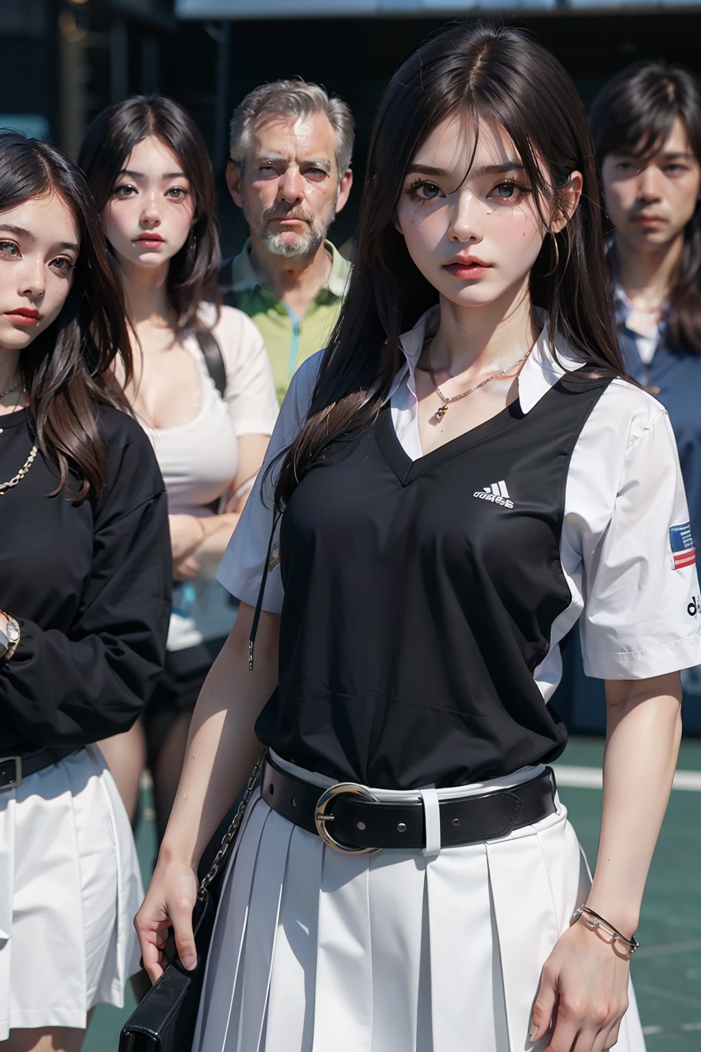 Highest quality shooting 、midynight 、school 、sports arena 、 Light light blue tennis suit 、big crowd 、white uniform 、White pleated skirt bib、A miniskirt、Two women 、Middle-aged man 、breasts are small、Colar with belt 、Cowboy shot 、
、looks away 、 ,From the thighs upwards、smallunderboob、Prohibited portrait Standing and walking 、Be red in the face 、、 String 、Middle-aged fat man 、Above Knees、Looks to the side 、Spread your legs apart 、mid hair、Low-angle full-body photo 、sad expressions、 Black hair, Shiny and beautiful skin , Sweat, Collar and chain accessories, Beautiful black pupils and hair, Detailed expression , beautidful eyes