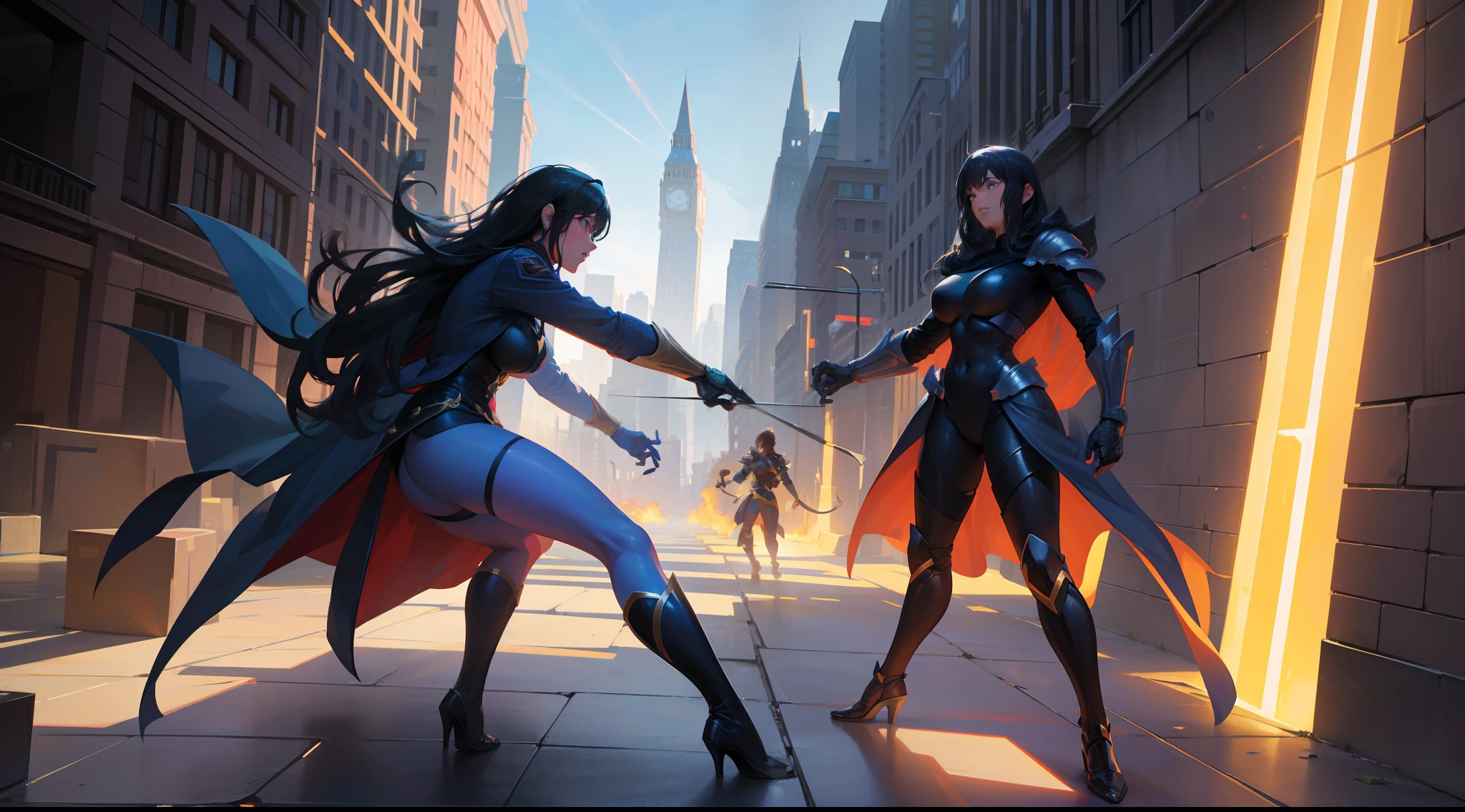 A beautiful and powerful heroine is fighting with a super villain in a big and fancy city, action scene, superpowers, full body shot, daylight, high definition, Ultra Quality, 8k, masterpiece, intricate details, volumetric light, dynamic compositing