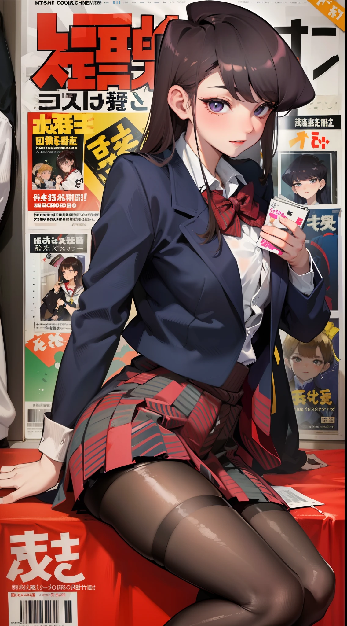 komi shouko,brunette color hair,Fleshy thighs,Fashion magazine cover title,Poster publicity style,Japanese-style school uniform,Pose,C cup,Happy expression,Black broken stockings