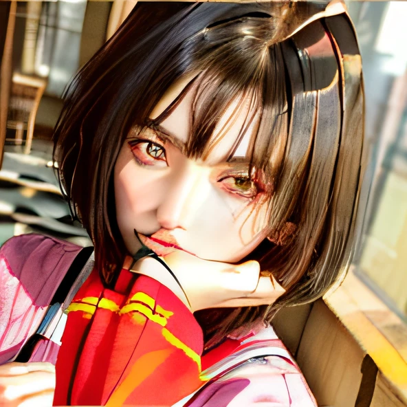 (masterpiece:1.3), (8k, photorealistic, RAW photo, best quality: 1.4), (1girl), beautiful face, (realistic face), (black hair, short hair:1.3),The girl with long hair and dark red eyes sat in front of the window, Cute girl，Nice hairstyle，photorealistic eye，Nice detail eyes，（Realistic skin），Beautiful skins，（Sweaters），absurd res，enticing，超高分辨率，Ultra photo realsisim，The is very detailed，the golden ratio