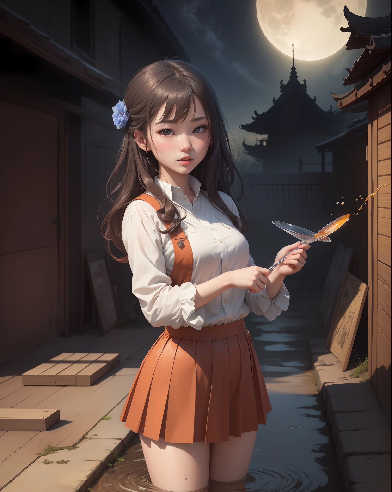 (8k, RAW photo:1.2), best quality, ultra high res,dramatic angle,(fluttered detailed color splashs), (illustration),(((1 girl))),(long hair),(rain:0.9), (头饰:1.4),少女身边有一座古宫,汉服,(重点),彩色水墨画,(泼彩),泼彩,(((colorful))),(素描:0.8) , Masterpiece, best quality, beautiful painted, highly detailed,(denoising:0.6),[splash ink],((ink refraction)), (beautiful detailed sky),moon,highly,detaild,(masterpiece, best quality, extremely detailed） CG unity 8k壁纸，杰作，最好的质量，超详细），（石蒜），