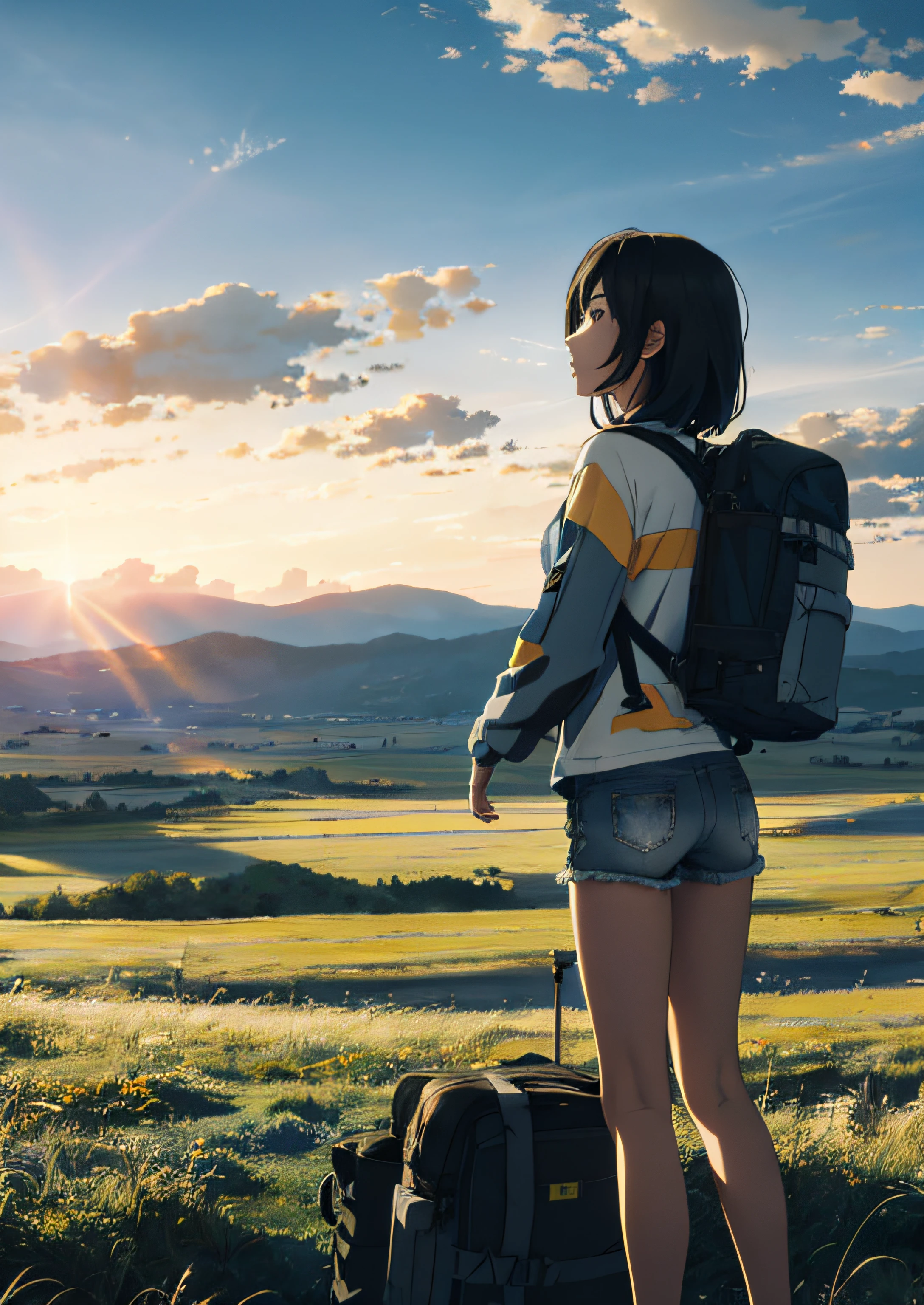 The vast sky, beautiful skyline, large grasslands, extremely tense and dramatic pictures, moving visual effects, the high-hanging Polaris, and colorful natural light. A long-sleeved top, denim shorts, and a girl with a backpack.