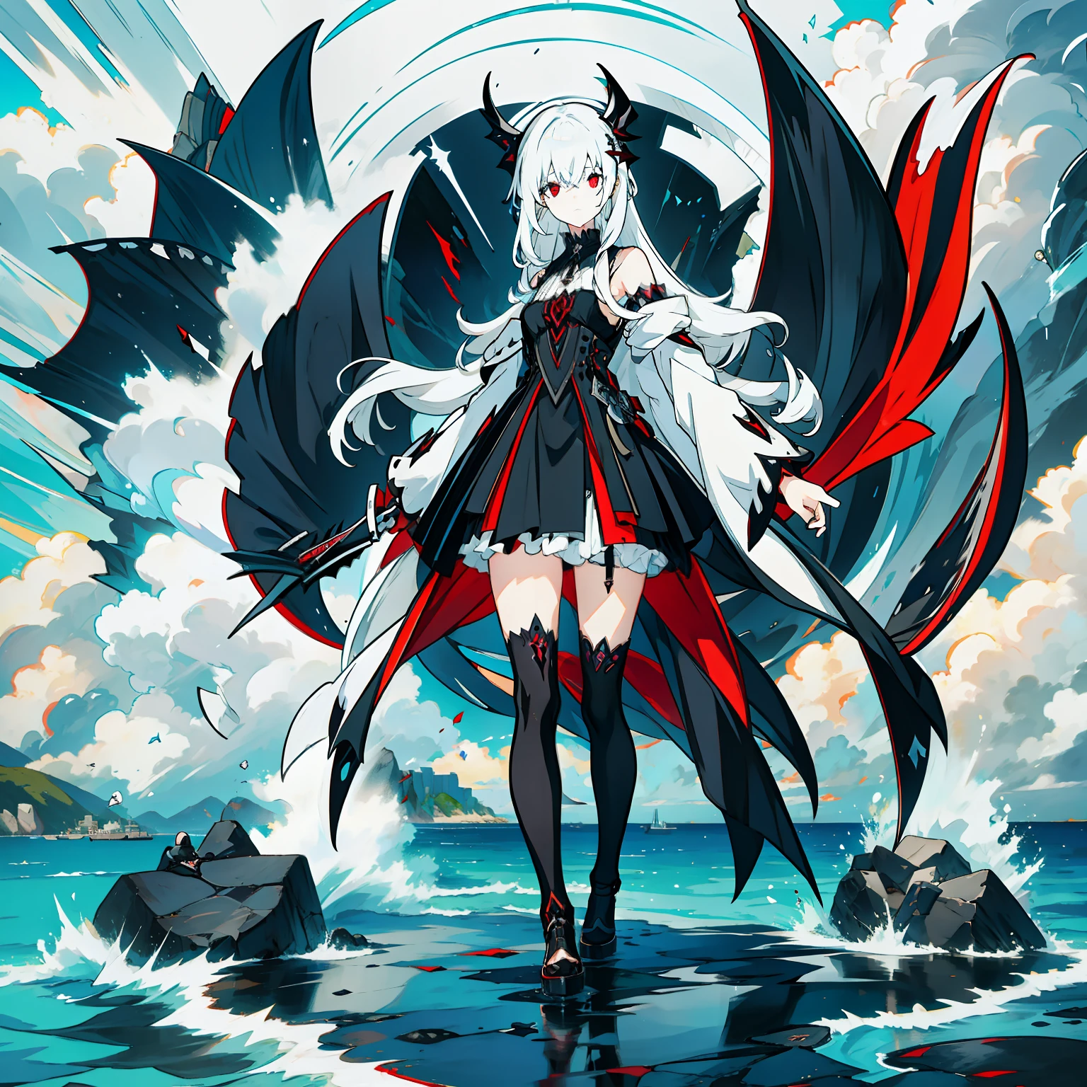 White color hair，goth style，Black shoes，black lence stockings，black long dress，Full body skirt，Heteropupil，Left Blue Right Red，Vampires，Single girl anime full body，standing on the sea side，Lovely wind