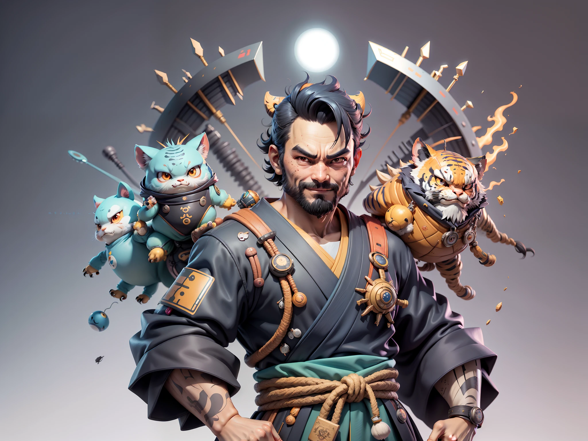(Daisaku),(Need),(Super meticulous),(full bodyesbian:1.2),Super young man with Japanese geisha,Beautiful,orient,one tiger,Aeolian Thor,Raised sexy,爆乳,Oriental face,TV Anchor,Bust portrait illustration,In black suit,a blue tie,The face is slightly chubby,The face was clean,without a beard,Black super short hair,Black eyes,Smile confidently,3C computer sub-products,iPad, iphone,Digital painting,3D character design by Mark Clairen and Pixar and Hayao Miyazaki and Akira Toriyama,The illustration is a high-definition illustration in 4K resolution,With very detailed facial features and cartoon-style visuals。
