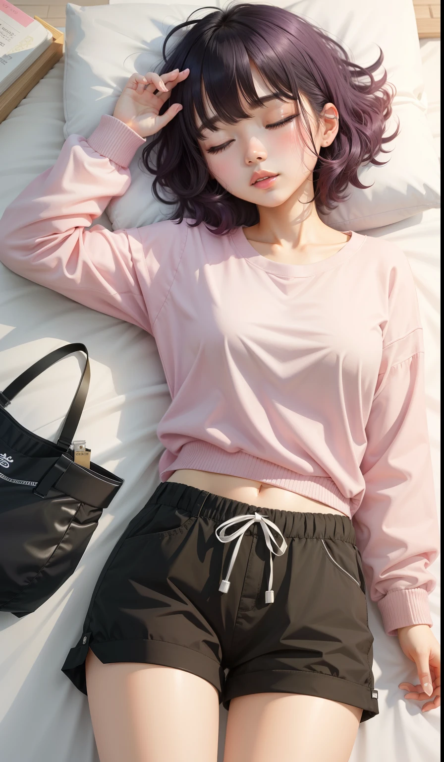 Sleeping girl，22 year old，she is wearing short pants，Wearing pink pajamas，black color hair。