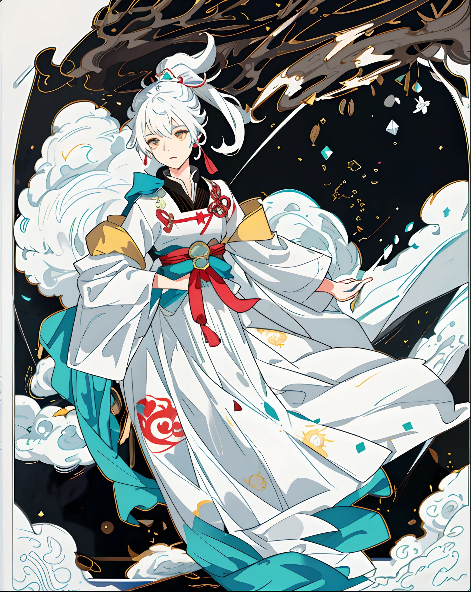 A boy with， with short white hair，Ancient Chinese clothing，Taoist culture，Auspicious cloud pattern， Holding a long flag，full bodyesbian， rays of sunshine， Clear face， Clean white background， tmasterpiece， super detailing， Epic composition， hyper HD， high qulity， extremely detaile， offcial art， Uniform 8k wallpaper， super detailing， 32k