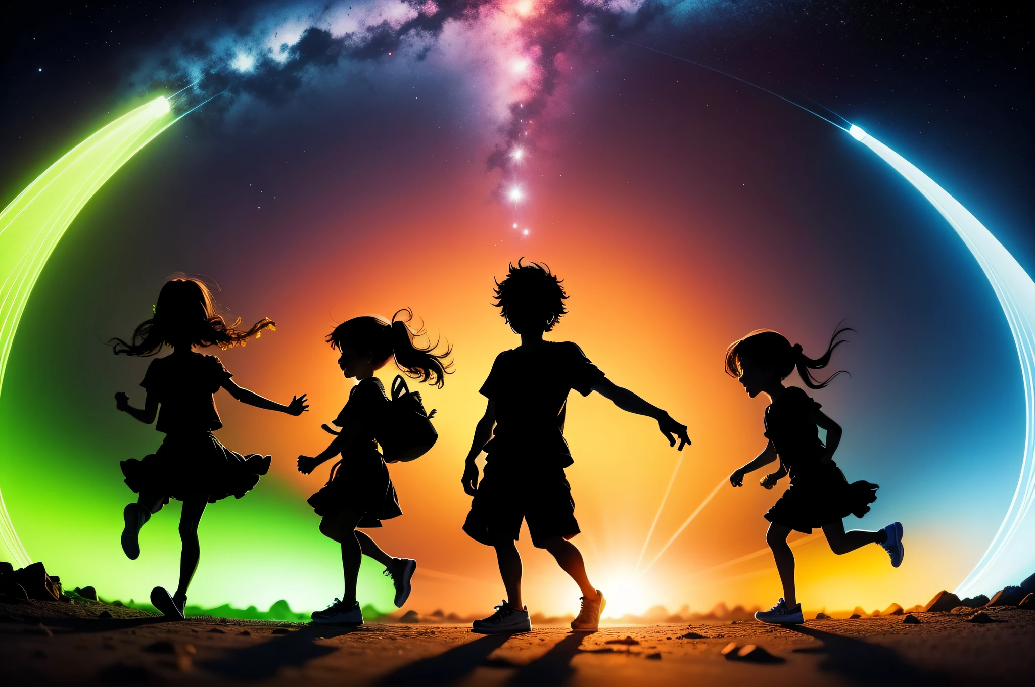 Silhouette children playing fun neon environment, Alegre, animado, felicidade, brincadeira, criatividade, noite